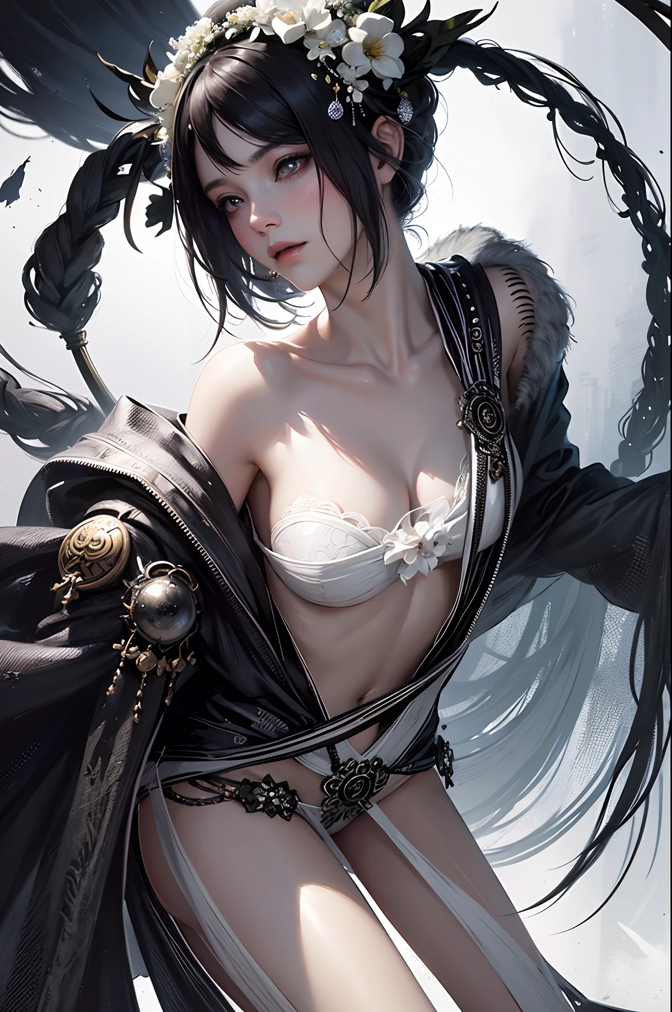 Black and white photo of a woman with a wreath on her head, concept art inspired by WLOP, Artstation contest winner, Fantasy Art, yuri shwedoff and tom bagshaw, artwork in the style of guweiz, guweiz masterpiece, guweiz, intricate wlop, wlop jeremy lipkin, wojtek fus, wlop art