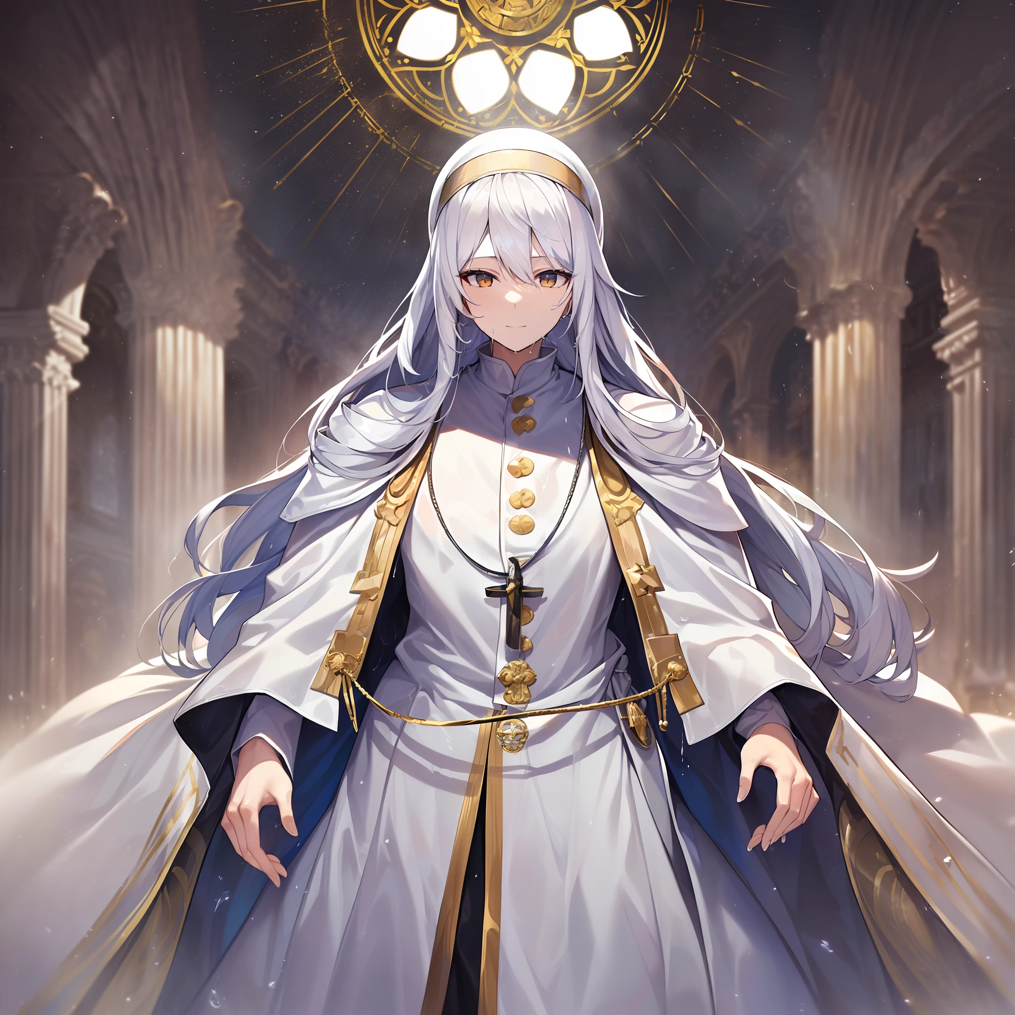 Outrageous resolution、masutepiece++,top-quality++,ultra-defined++, ultra-defined++,4K++,8K++,(Background Focus)++, Highly detailed, Viewer's Perspective、((Luxurious churches))++、((1Grandfather of the Pope of Man))++, ((Full-body luxurious white ceremonial robes)), ((((Full-body luxurious white ceremonial robes))))++++,(Pope with Bible)、((aureole))++、(((The muscular Pope's grandfather)))+++,(((Bible)))++++,(Luxurious cane)、((Gentle smile))+ +,((Muscle Mukimuki) ++,((Muscular muscular))++,(White handbags) +,(Calm eyes)、((Long white beard))++(white hair)、(The long-haired)、(The long-haired)、(White eyes)、(Super shiny hair and skin), (Sunlight),((Beautiful)), +, A lively smile, Perfect eyes, Perfect hands, Perfect nose, Magic Battle Dark, Bright atmosphere, (wet effect) +, (light effect), (Cinematic Light) + , (Like a movie of light) +
