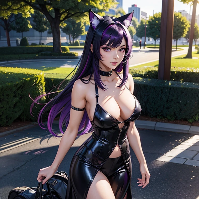 Only one woman , There's an adult woman in a park, wearing casual clothes in shiny skin, cat ears,, Dark purple hair, black hair and purple streaks, cat ears on head, beautiful chest, Second life avatar, Beautiful screenshot, Second life,, full body view, Front view, seductive woman, high quality, Very detailed skin,