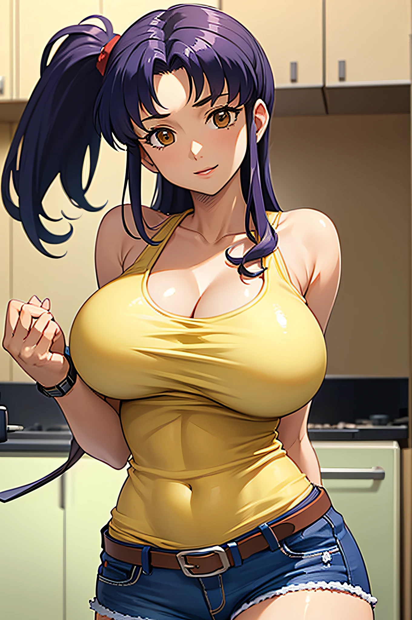 (masterpiece),(best quality), katsuragi misato, brown eyes, huge breast, big gigantic breast, large breast, yellow t-shirt, tank top, ponytail, denim shorts, belt, watch, megapole, kitchen, looking at the viewer,