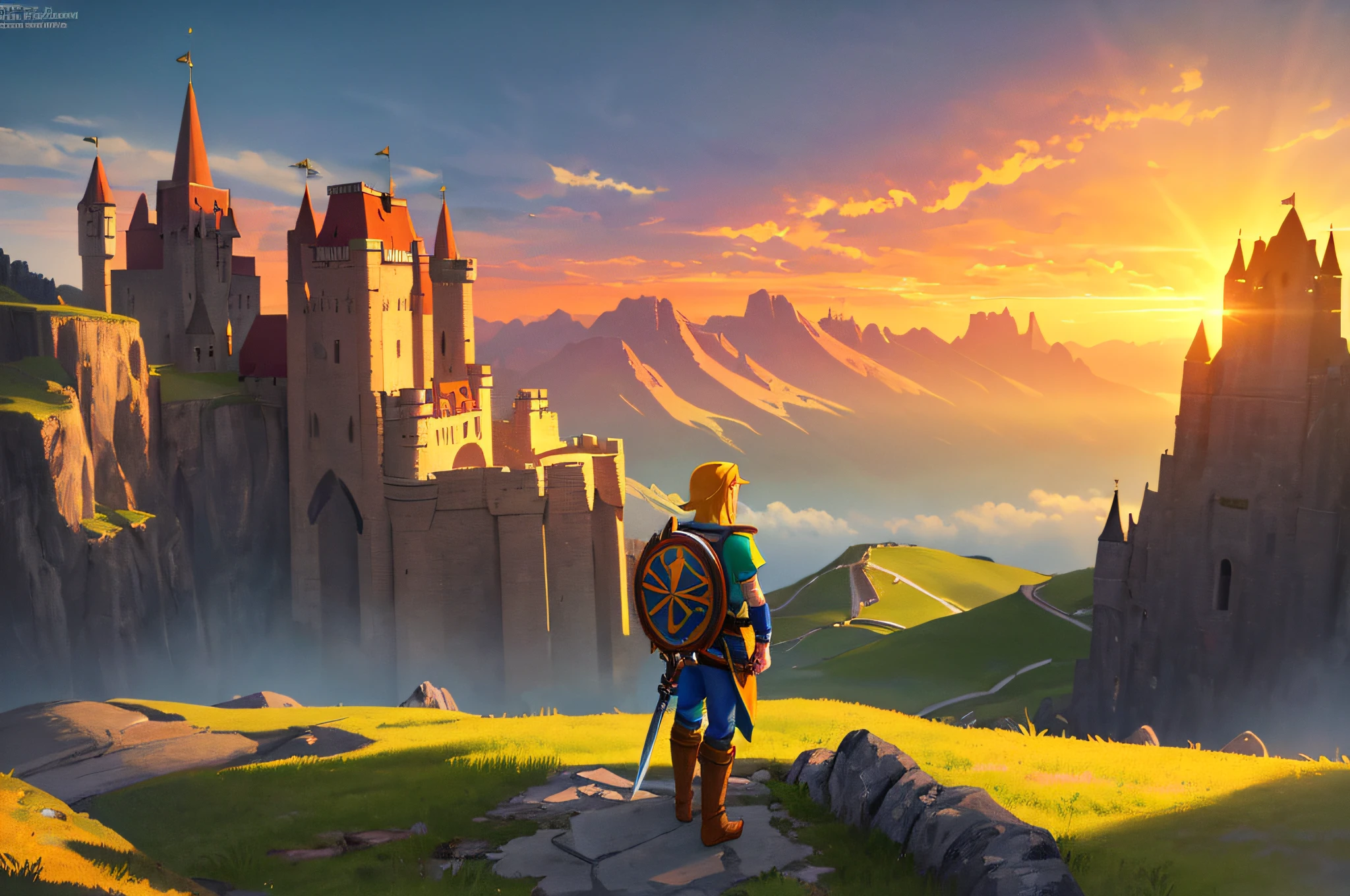 (best quality, 4k, high resolution, masterpiece: 1.2), ultra detailed, realistic,a young man standing on a cliff looking at a great landscape. The young man is wearing a green tunic, brown pants and boots. He has a sword and a shield on his back. The landscape is made up of mountains, valleys and a castle in the distance. The sky is full of orange and yellow clouds, and the sun shines through them. The colors of the image are vibrant and the atmosphere is adventurous. Image taken from the Zelda game