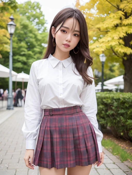 a beauty girl、photorealistic picture、Photo like image quality、Photorealistic face、Realistic body、detailed skin textures、A hyper-realistic、Top image quality、An ultra-high picture quality、see the beholder、8K、hight resolution、The whole body is shown、profetional lighting、Attractive thighs、Standing Pose、Beautiful leg line beauty、Smooth knees、a park、Red tartan check mini skirt、Very short miniskirt、White long-sleeved blouse