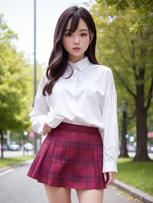 a beauty girl、photorealistic picture、Photo like image quality、Photorealistic face、Realistic body、detailed skin textures、A hyper-realistic、Top image quality、An ultra-high picture quality、see the beholder、8K、hight resolution、The whole body is shown、profetional lighting、Attractive thighs、Standing Pose、Beautiful leg line beauty、Smooth knees、a park、Red tartan check mini skirt、Very short miniskirt、White long-sleeved blouse