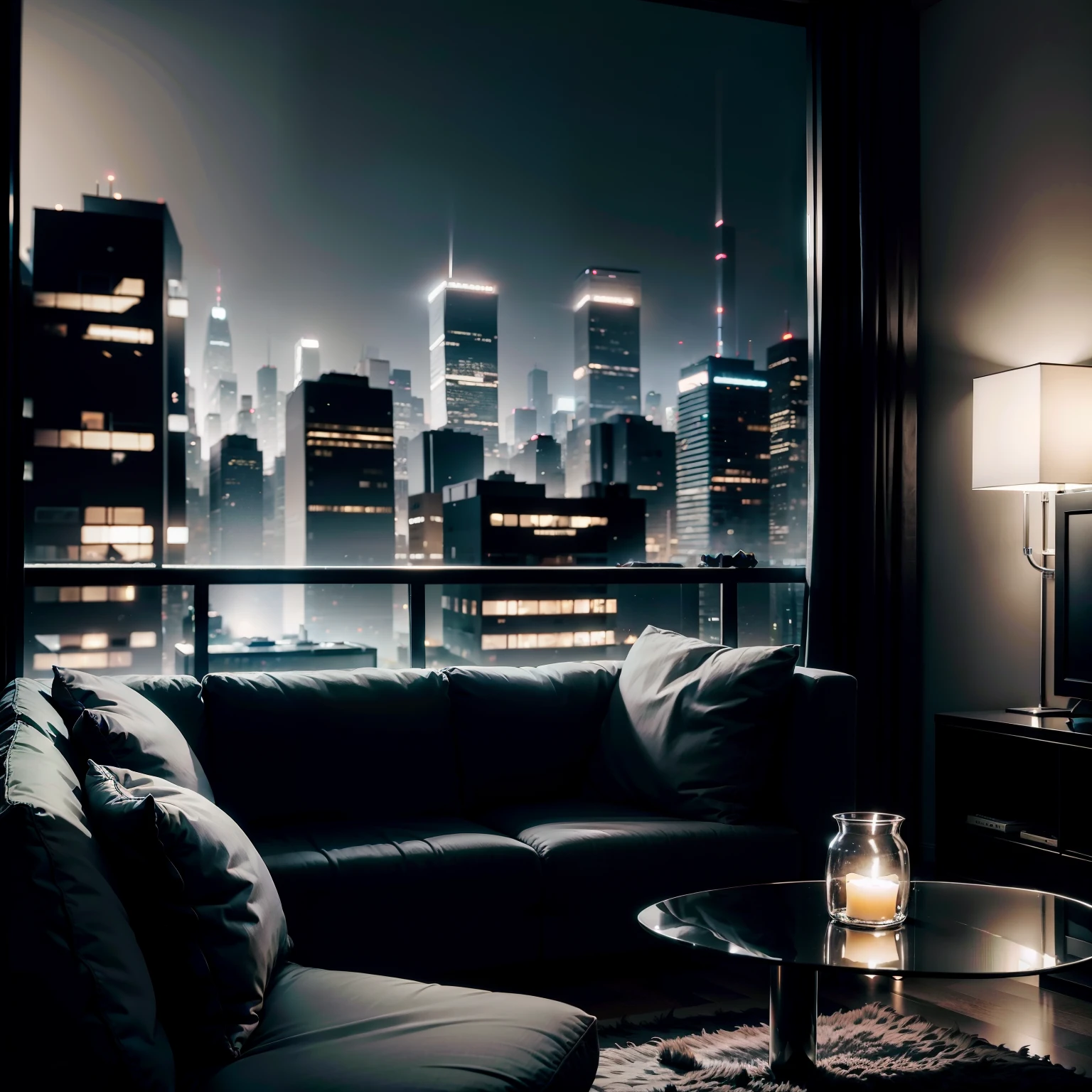 A gray cat sits on a couch，Looking out the window at the Night City, dystopian city apartment, cinematic shot ar 9:16 -n 6 -g, ultra-realistic picture, City apartment Comfortable and peaceful, hyperrealistic picture, chill time. Good view, city apartment, indoor picture, overlooking a modern city, night realism, interior scenes, beautiful realistic photo