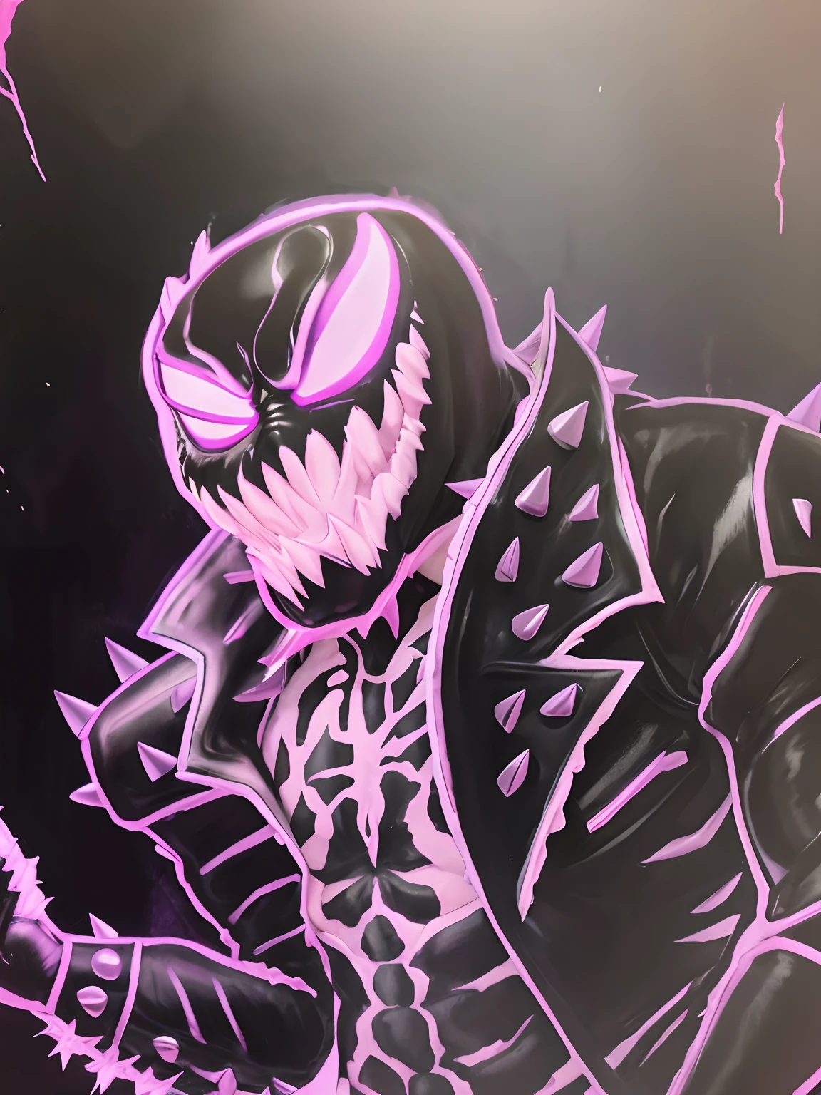 Venomized, venom armor, leather spiked jacket, neon purple and black,