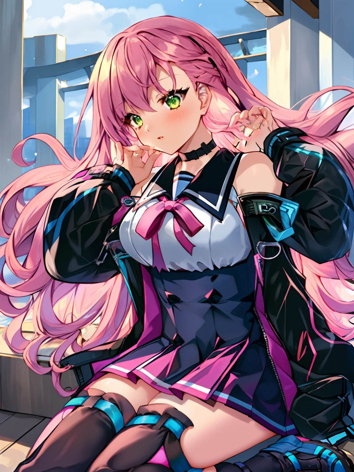 (extreme detailed),(masterpeace),(hyper extreme),best quality,CG,game cg,beautiful lighting,perfect ,(colour),1girl,outdoors,  Memphis,pink hair,long hair,hairclip,green eyes,black jacket,sleeveless blouse,white shirt,ribbon,blue high waist skirt,thighhighs,shoes,