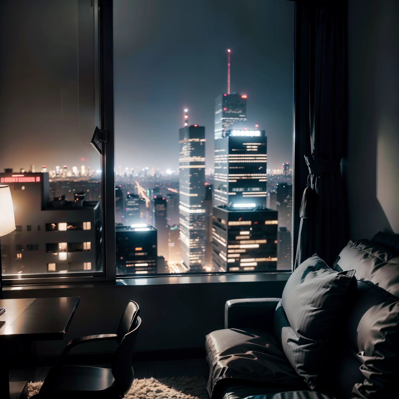 A gray cat sits on a couch,Looking out the window at the Night City, dystopian city apartment, cinematic shot ar 9:16 -n 6 -g, ultra-realistic picture, City apartment Comfortable and peaceful, hyperrealistic picture, chill time. Good view, city apartment, indoor picture, overlooking a modern city, night realism, interior scenes, beautiful realistic photo
