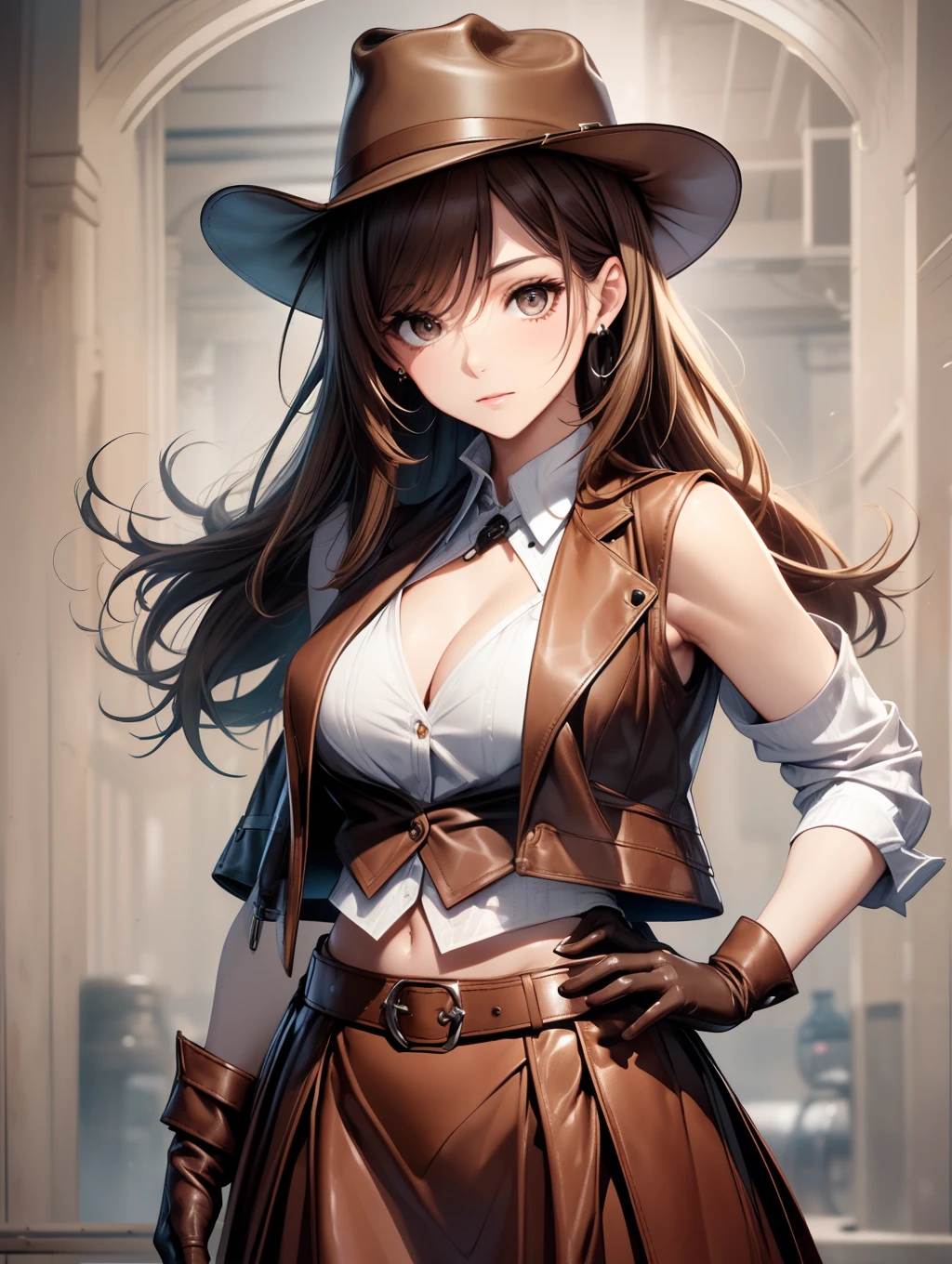Best Quality, masutepiece, beautiful mature women、Beautiful face、Strong-minded woman、Officelady、brown haired、(Brown-eyed)、Longhaire、Undersized eyes、(((Black long skirt)))、(((The background is pure white)))、BREAK(Beige and brown theme:1.4),(Ten-gallon hat:1.5),(wear a (Open Beige Leather Vest)Exhibited at Whire Tanktop:1.5),((Sleeveless,Bare shoulder,cleavage):1.3),(Mini skirt with beige fringe:1.4),BREAK(White inner:1.2),(Checkered cowboy scarf:1.2),(Silver Oval Belt Buckle:1.3),(Western boots with spurs:1.1),(Belt Holster:1.3),(brown leather gloves:1.2)