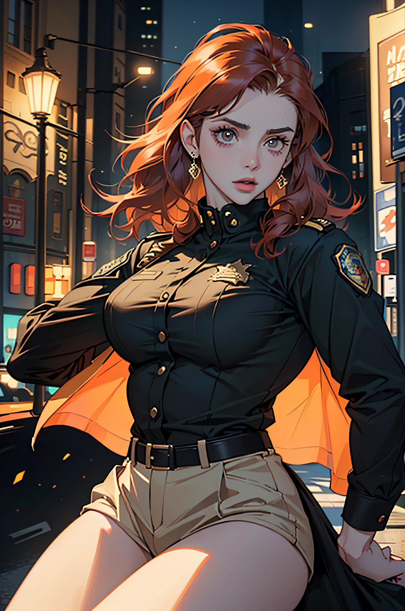 (top-quality,4K,8K,alto,Master Parts:1.2),ultra-detailliert,(Realistic,Photorealista,Photorealsitic:1.37),barbara gordon, 19-year-old young woman l, Beautiful red hair, Wearing a police uniform,Piercing Brown Eyes, Supreme Beauty, Gotham City Setting, Strong and confident posture, Determined expression,Vivid colors,foco nítido,Detailed painting,Professional Lighting,Portrait Style, Dramatic Lighting,Bokeh