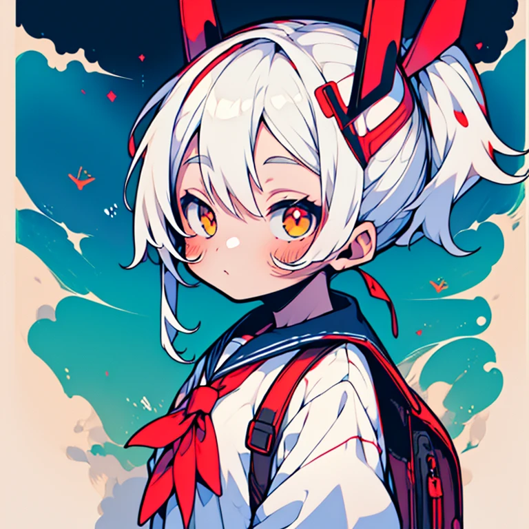 (masutepiece, Super Detail, high detailing, Best Quality, 8K,girl with,a sailor suit,a school bag,White hair,Red eyes,Half Twin Tail,cute little,2D Beautiful Girl