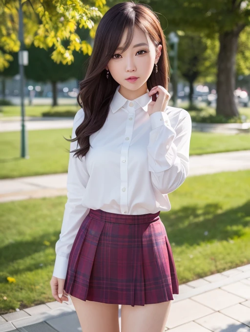 a beauty girl、photorealistic picture、Photo like image quality、Photorealistic face、Realistic body、detailed skin textures、A hyper-realistic、Top image quality、An ultra-high picture quality、see the beholder、8K、hight resolution、The whole body is shown、profetional lighting、Attractive thighs、Standing Pose、Beautiful leg line beauty、Smooth knees、a park、Red tartan check mini skirt、Very short miniskirt、white long sleeved blouse、long legged、Slender legs