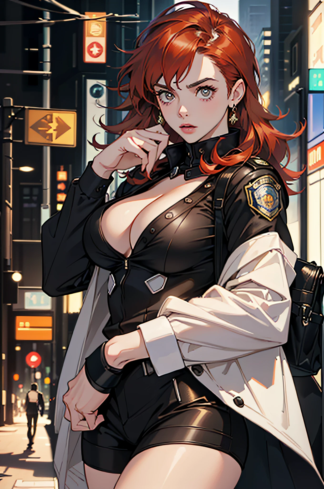 (top-quality,4K,8K,alto,Master Parts:1.2),ultra-detailliert,(Realistic,Photorealista,Photorealsitic:1.37),barbara gordon, 19-year-old young woman l, Beautiful red hair, Wearing a police uniform,Piercing Brown Eyes, Supreme Beauty, Gotham City Setting, Strong and confident posture, Determined expression,Vivid colors,foco nítido,Detailed painting,Professional Lighting,Portrait Style, Dramatic Lighting,Bokeh