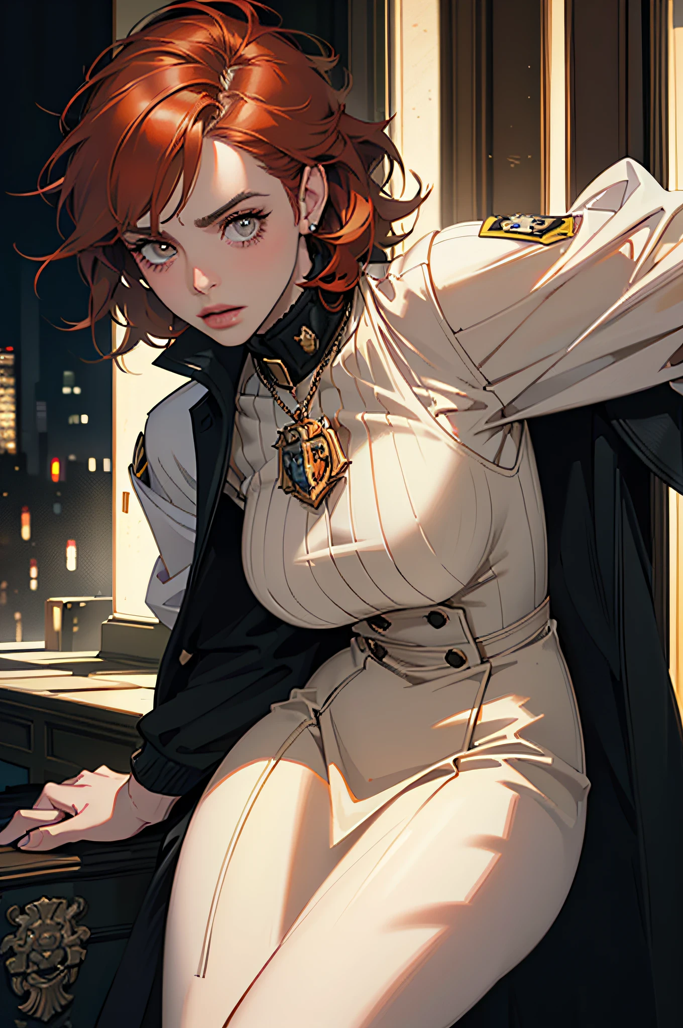 (top-quality,4K,8K,alto,Master Parts:1.2),ultra-detailliert,(Realistic,Photorealista,Photorealsitic:1.37),barbara gordon, 19-year-old young woman l, Beautiful red hair, Wearing a police uniform,Piercing Brown Eyes, Supreme Beauty, Gotham City Setting, Strong and confident posture, Determined expression,Vivid colors,foco nítido,Detailed painting,Professional Lighting,Portrait Style, Dramatic Lighting,Bokeh