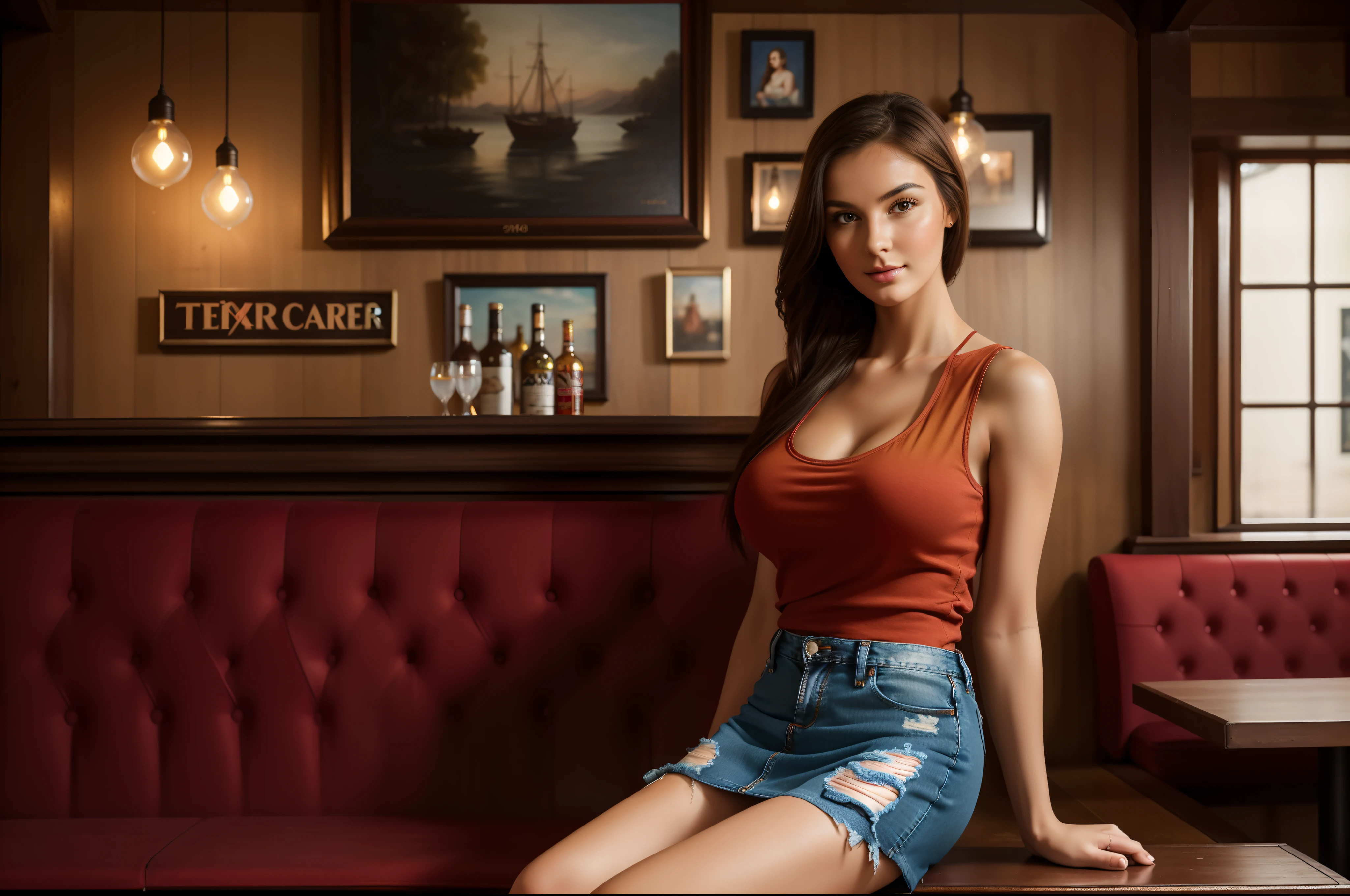 (best quality,4k,8k,highres,masterpiece:1.2),ultra-detailed,(realistic,photorealistic,photo-realistic:1.37),HDR,UHD,studio lighting,ultra-fine painting,sharp focus,physically-based rendering,extreme detail description,professional,vivid colors,bokeh,portraits,

A beautiful girl is having a photo session in a pub. She is the main focus of the image, with detailed features such as beautiful eyes and lips. [Her face is combination of (((irene1:1.2))) and (((Excella_er5:1.2)))]. The girl is sitting in a cozy corner of the pub, surrounded by vintage wooden furniture and dimly lit by warm studio lighting. Her long, black, soft and smooth hair, flowing hair partially covers her face, adding a sense of mystery to the image. She is wearing a stylish outfit (a ((red:1.4)) tank-top:1.3)),((ultra-short miniskirt:1.4)),((ripped jeans miniskirt:1.4))) that reflects her personality, with vibrant colors that pop against the background.

The pub itself has a rustic and intimate atmosphere, with old paintings and vintage decor adorning the walls. The wooden bar counter is well-polished, reflecting the warm glow of the lights. There are drinks served on the counter, creating a relaxed and elegant ambience.

The photo session is being captured by a professional photographer, who is using state-of-the-art equipment to capture every detail of the girl's expression and pose. The image quality is of the highest standard, with a resolution of 4k or 8k, showcasing the finest details of the girl's features and the pub's textures.

The overall style of the image is a combination of realistic and photorealistic elements, with a touch of artistic flair. The colors are vivid and vibrant, reflecting the girl's personality and creating a visually striking image. The lighting is carefully set up to enhance the girl's features and create a sense of depth.

(((1girl))),(((solo))),tall and slender body,(192cm tall),thin and delicate figure,graceful posture,large breasts,cleavage breasts.nsfw.