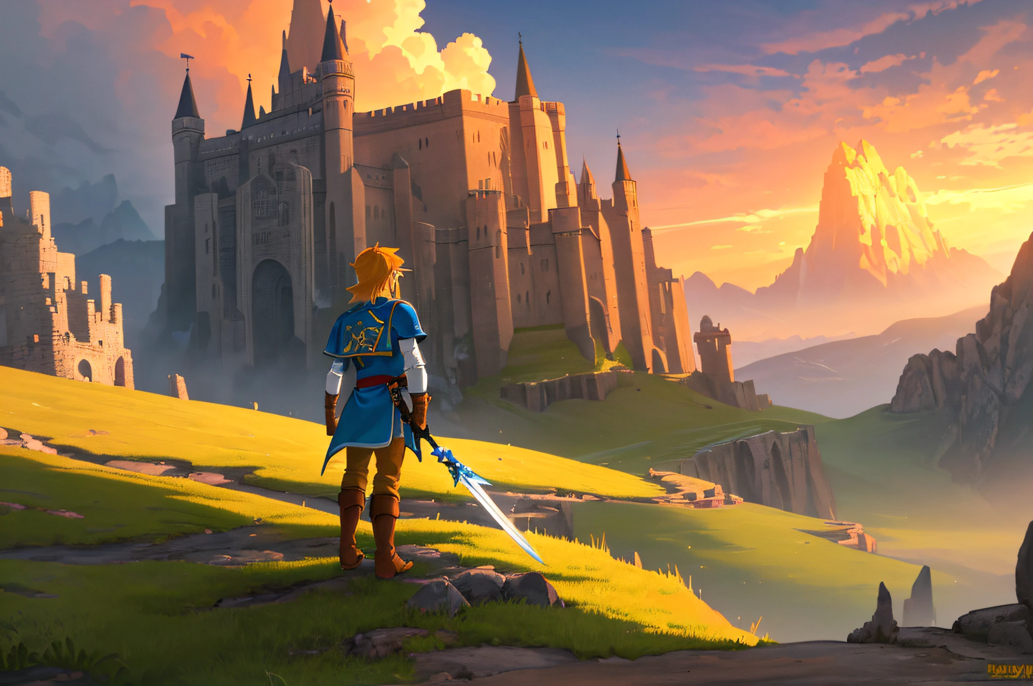 (best quality, 4k, high resolution, masterpiece: 1.2), ultra detailed, realistic,a young man standing on a cliff looking at a great landscape. The young man is wearing a green tunic, brown pants and boots. He has a sword and a shield on his back. The landscape is made up of mountains, valleys and a castle in the distance. The sky is full of orange and yellow clouds, and the sun shines through them. The colors of the image are vibrant and the atmosphere is adventurous. Image taken from the Zelda game