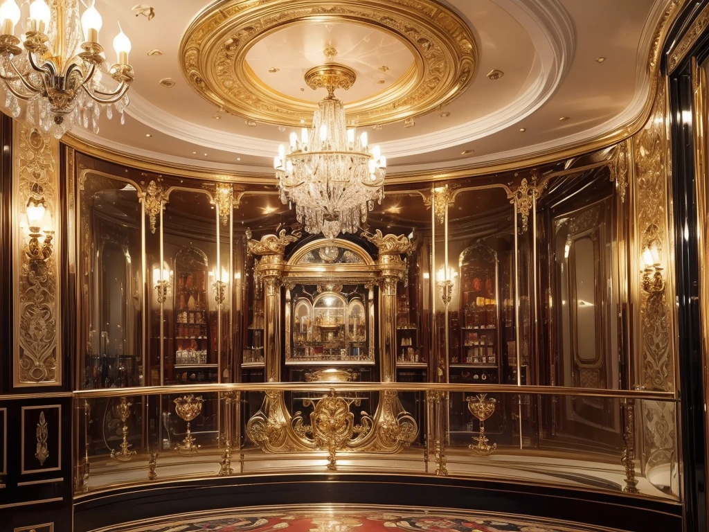 (big model,highly-detailed) queen mary2 ship in a (glass case, display cabinet) with (accurate, intricate) (scale model, miniature) (ocean liner, cruise ship) design, (elaborate, realistic) (golden, brass) (ship's wheel, helm) and (nautical, maritime) (decorations, flags), surrounded by (lifelike, miniature) (ocean waves, sea foam) that showcase the (majestic, grand) (size, scale) and (beauty, elegance) of the ship. The model features (meticulous, handcrafted) (deck details, railing, lifeboats) and (impressive, towering) (smokestacks, chimneys) adorned with shining (metallic, chrome) finishes. The (luxurious, extravagant) interior of the ship can be seen through (transparent, crystal-clear) windows, revealing (opulent, lavishly-decorated) (cabins, dining halls, lounges) with (ornate, chandelier lighting) and (elegant, plush) furnishings. The ship sits on a (sturdy, polished) (engraved, wooden) base with (engraved, golden) nameplate and is illuminated by (soft, warm) (spotlights, lighting) to highlight its exquisite details. The overall scene is bathed in (warm, golden) light, creating a (nostalgic, time-honored) ambiance.