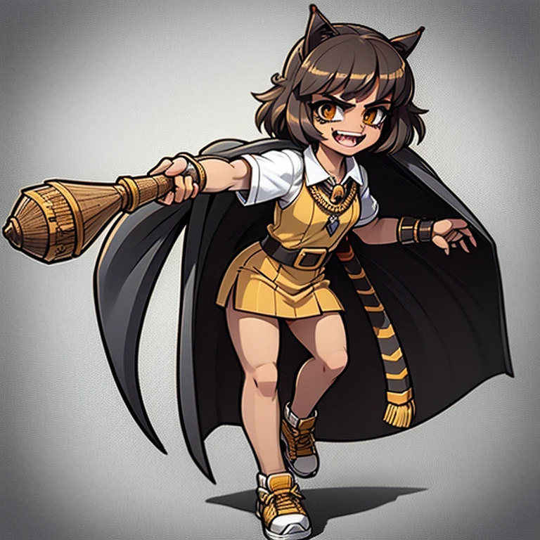 Cute 11-year-old girl of European appearance, 独奏, disheveled shaggy brown hair of medium length, round face, Large shiny dark brown eyes, long eyelashes, thick eyebrows; big mouth, Large teeth; A direct look at the camera; athletic physique, noticeable musculature, Smooth natural tan; the realistic robe of a Hufflepuff student of Hogwarts School of Witchcraft and Wizardry(Black & Gold, striped tie), sneakers; full - body, including legs, hight resolution, sticker for ICQ, gray background, various posed, different emotions