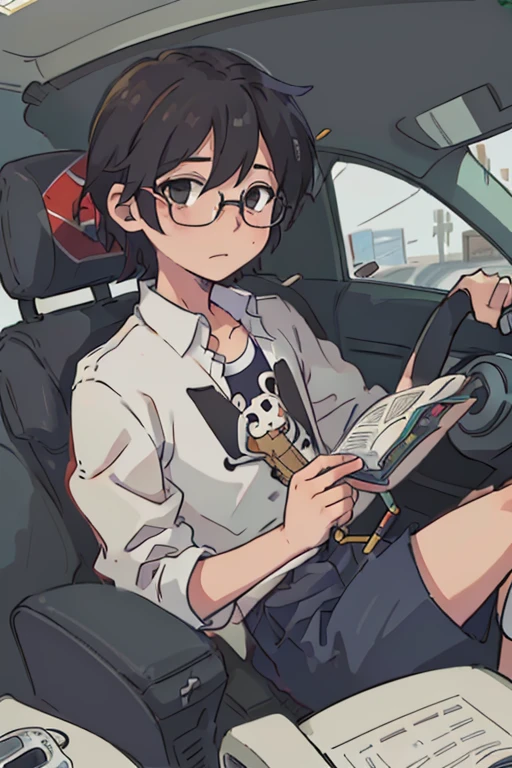 (Best Quality:0.8) perfect anime illustration, Boy in the driver's seat of a car、Wearing glasses、