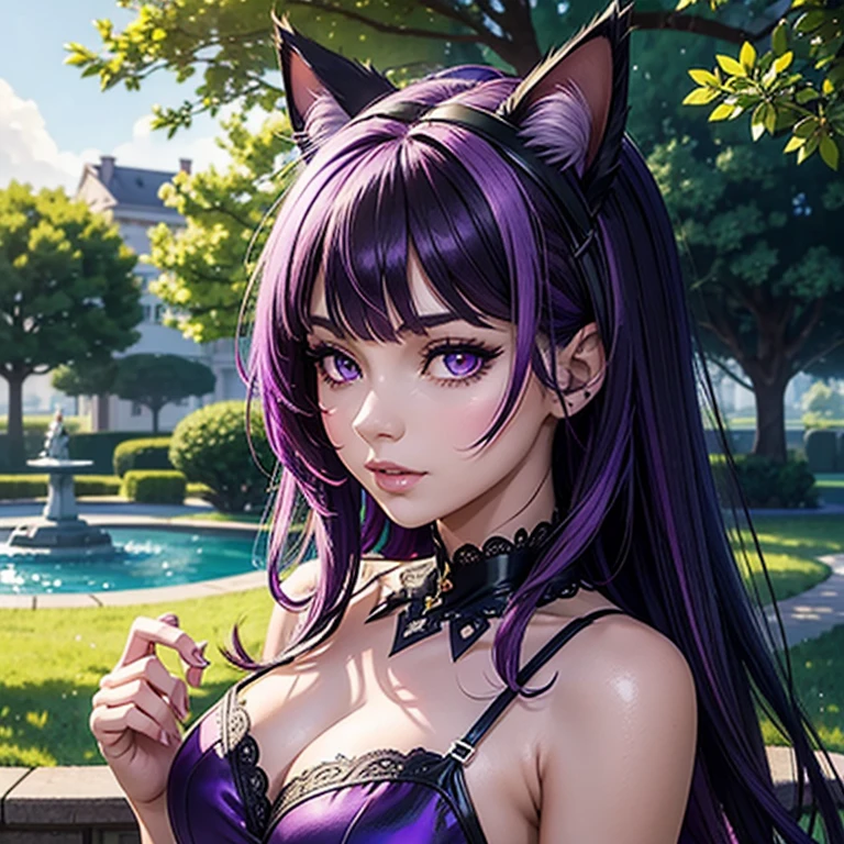 Only one woman , There's an adult woman in a park, wearing casual clothes in shiny skin, cat ears,, Dark purple hair, black hair and purple streaks, cat ears on head, beautiful chest, Second life avatar, Beautiful screenshot, Second life,, full body view, Front view, seductive woman, high quality, Very detailed skin,