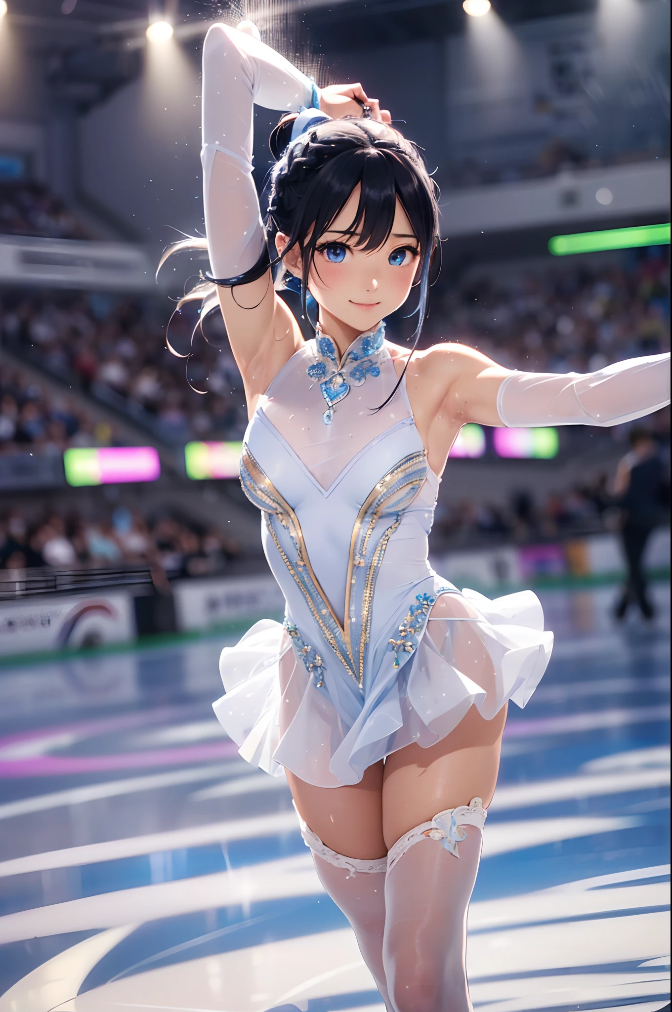(Official art、Best Quality、Unity 8k Wallpapers、32K、masterpiece、ultra-detailliert、超A high resolution、realisitic、Photorealsitic:1.2)、(Cinematic lighting:1.2)、(Full body)、Realistic pupils、Sharp pupils、Blue and white figure skating costume、While skating、frilld、foco nítido、(Self-filling appearance:1.2)、I opened my mouth a little、A slight smil、There were a lot of people in the audience、It has an enthusiastic audience、(braided ponytails、Silvery beautiful hair、Ice blue eyes)、(Play Figure Skating、Stretch your arms and glide:1.2)、thighs thighs thighs thighs、(Sweating:1.2)、