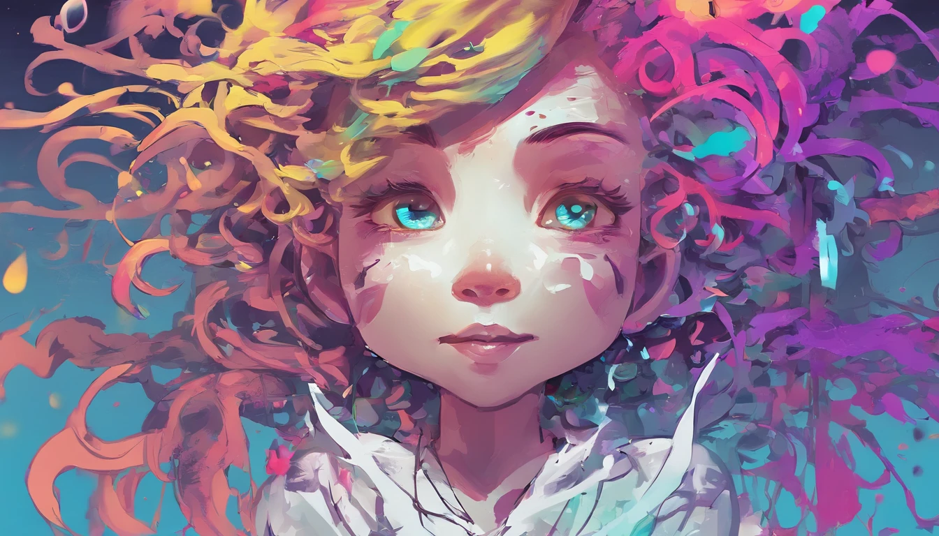 Splash Art, Black child's head with long curly hair, ((White background)), Piercing eyes, epic instagram, art  stations, splash style of colorful paint, contour lines, hyperdetailed intricately detailed , Unreal Engine, Fantastical, intricate detailes, Splash Screen, Complementary color scheme, Fantasy concept art, 8K resolution, deviantart masterpiece, Oil Painting, heavy strokes, Paint dripping, splashart、Smile full of happiness