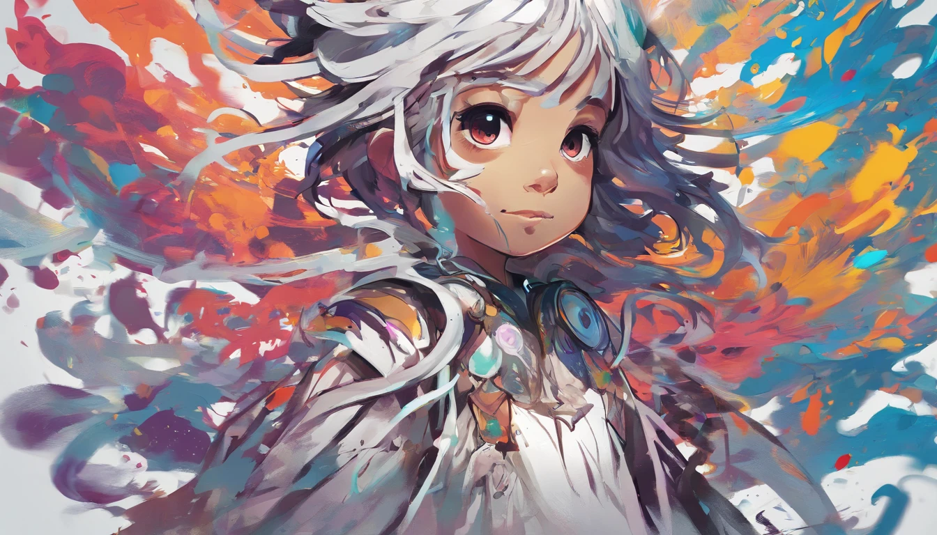 Splash Art, Black child's head with long curly hair, ((White background)), Piercing eyes, epic instagram, art stations, splash style of colorful paint, contour lines, hyperdetailed intricately detailed , Unreal Engine, Fantastical, intricate detailes, Splash Screen, Complementary color scheme, Fantasy concept art, 8K resolution, deviantart masterpiece, Oil Painting, heavy strokes, Paint dripping, splashart、Smile full of happiness