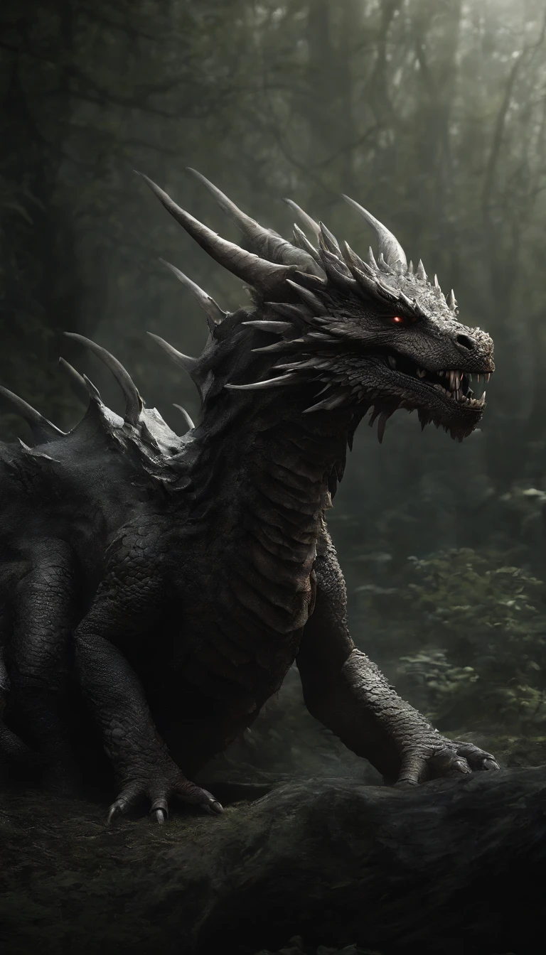 A cinematic photorealistic shot of Horned black and red (dragon|
t-rex|godzilla|venom), rectangular red neon eyes, Eye flickering, dilated pupil, scaly skin, raining Lightning, Biting a scary person, bloody snout, sharp red eyes, Muscular, angry, muscular body, angry look, veins standing out, flesh eating, foggy night environment, Fire burning the environment, Trees on fire, dark forest, dark environment, dramatic lighting, horrible, Resident Evil, silent hill, (live action shot) (moving towards camera)