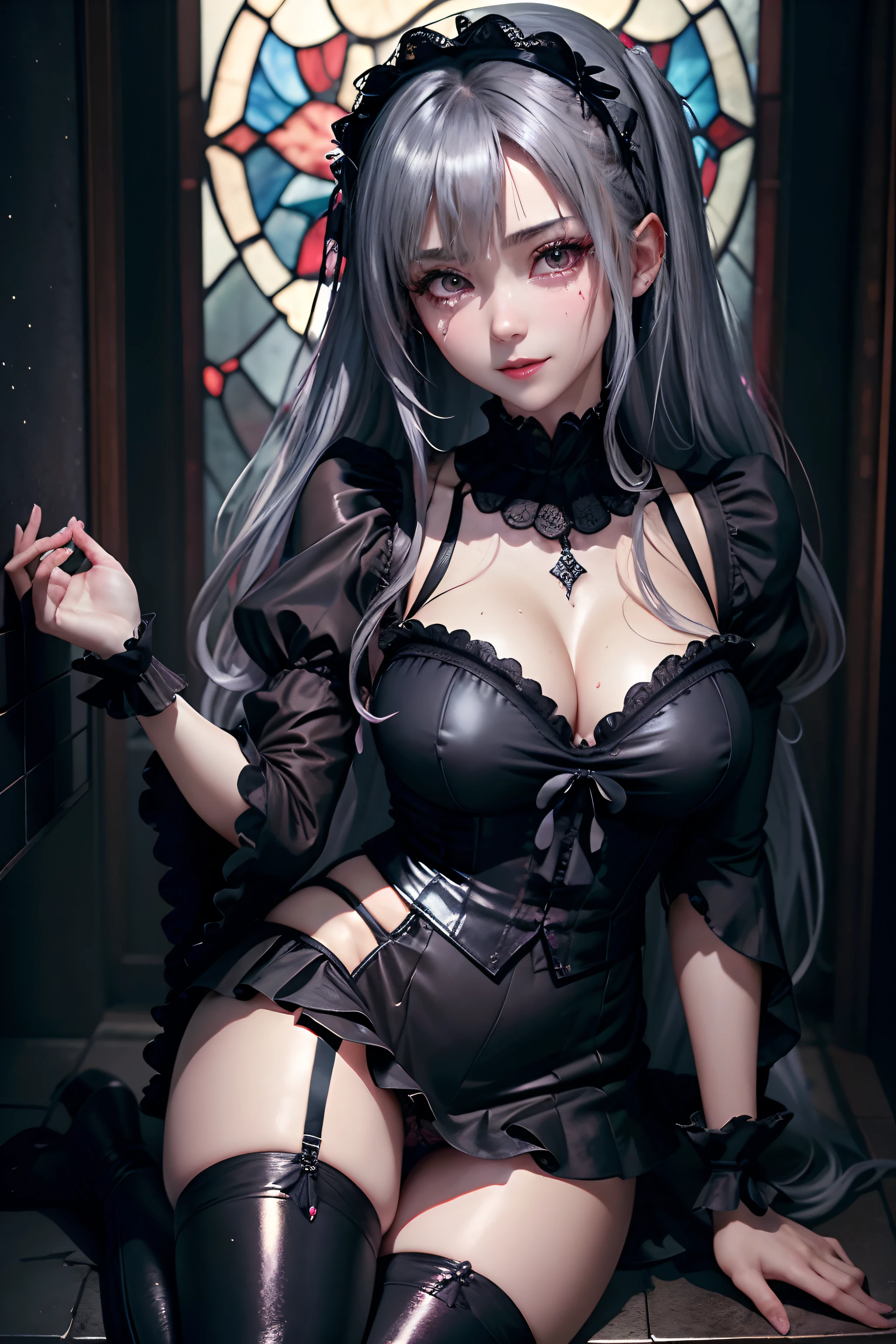 Hard Dark Gothic Makeup、Maniacal、Deep night sky、horor、Black Dark Eyeshadow、crying how bright、mourn、Good skin luster、Long hair straight hair、Dark Gothic Makeup、Dark smile、Restless Palace、Expressions of sexual arousal、Fragrant beauty、22year old、Lying、seductiv、Strong sexual pleasure facial expressions、A look of shame、Dark Gothic、Gothic ta、bell sleeves、Wizard Sleeve、Obscene look、Stained glass background、masutepiece、Best Quality、Refers to 5 books、Sweat glitters on my chest、Expression of sexual pleasure in anguish、Drunken face、maid clothes、Mysterious、noble、Face holding back the toilet、Flirty gothic lolithes、the body is wet and shiny、Transcendent sex appeal、sloppily open your legs、Glitter on thighs、I'm sweating a lot、Breast Size Medium、Affectionate smile、twin-tail hair、Bright silver hair、The thighs are quite wet、Jet black ruffled mini skirt、Glamour、