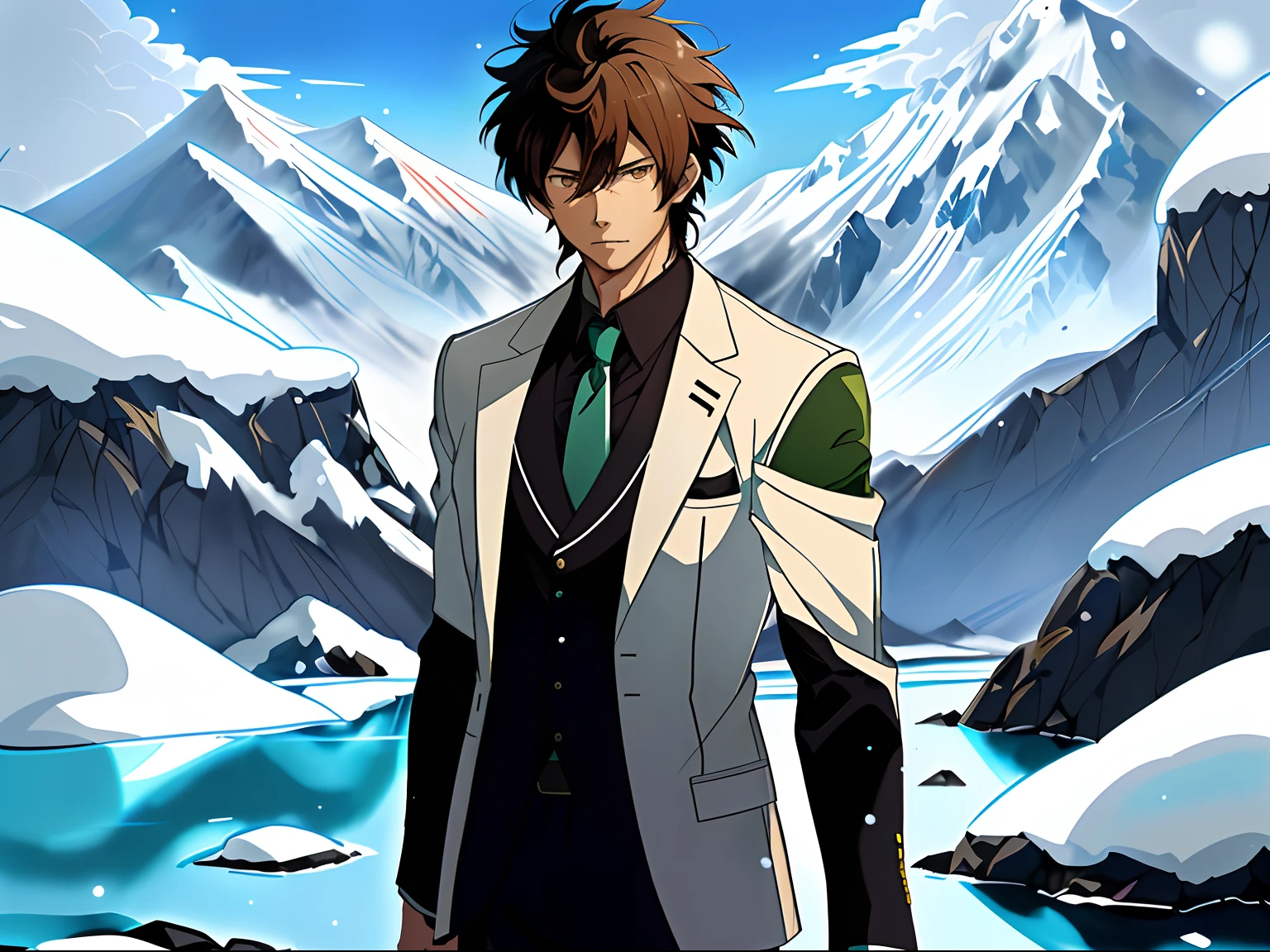 Anime image of a brown-haired man in a white suit and blue tie standing under a snowy mountain，by lake, Shinkai sincerely, New Xiangcheng, Honest, ryuta ueda artwork, offcial art, Anime handsome man, inspired by Hisui Sugiura, koyoharu gotouge, inspired by Okumura Togyu, hijikata toushirou, makoto kano