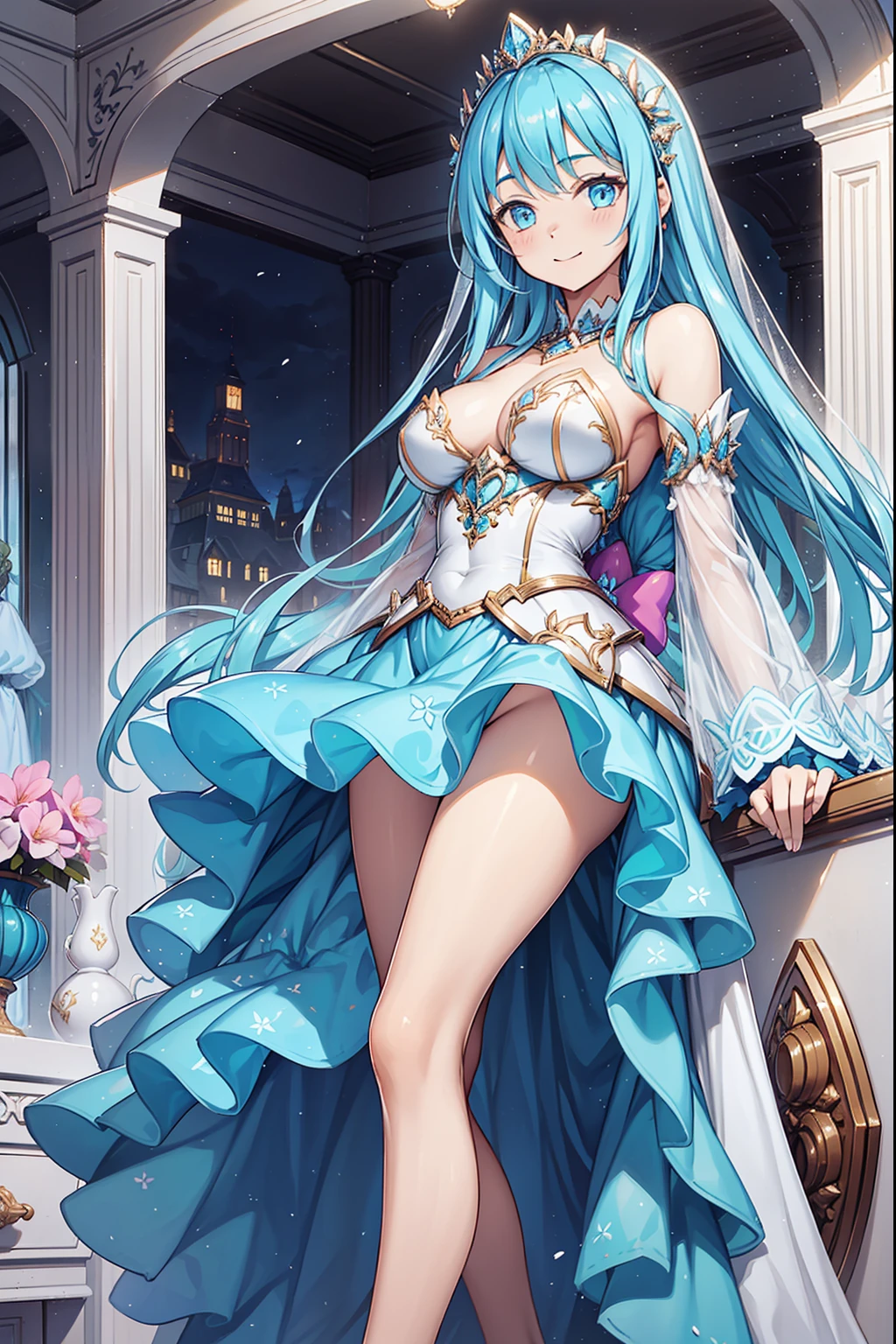 s girl，Enchanted，having fun，Being in love，White princess dress，Lilac cloth，see-through transparent clothes，exquisite costumes，Bedrooms，solo person，blond hairbl，pale blue color eyes，the night