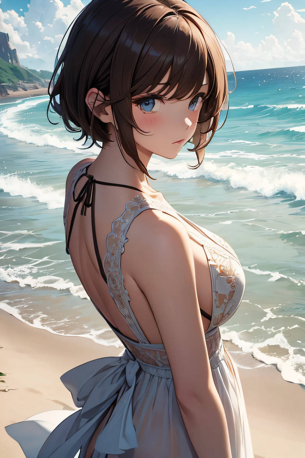 ​masterpiece、Massive landscape（（Mysterious Sea、sand beach））、a beauty girl、huge tit、Brown hair short hair、Embroidery on one piece 、hair adornments