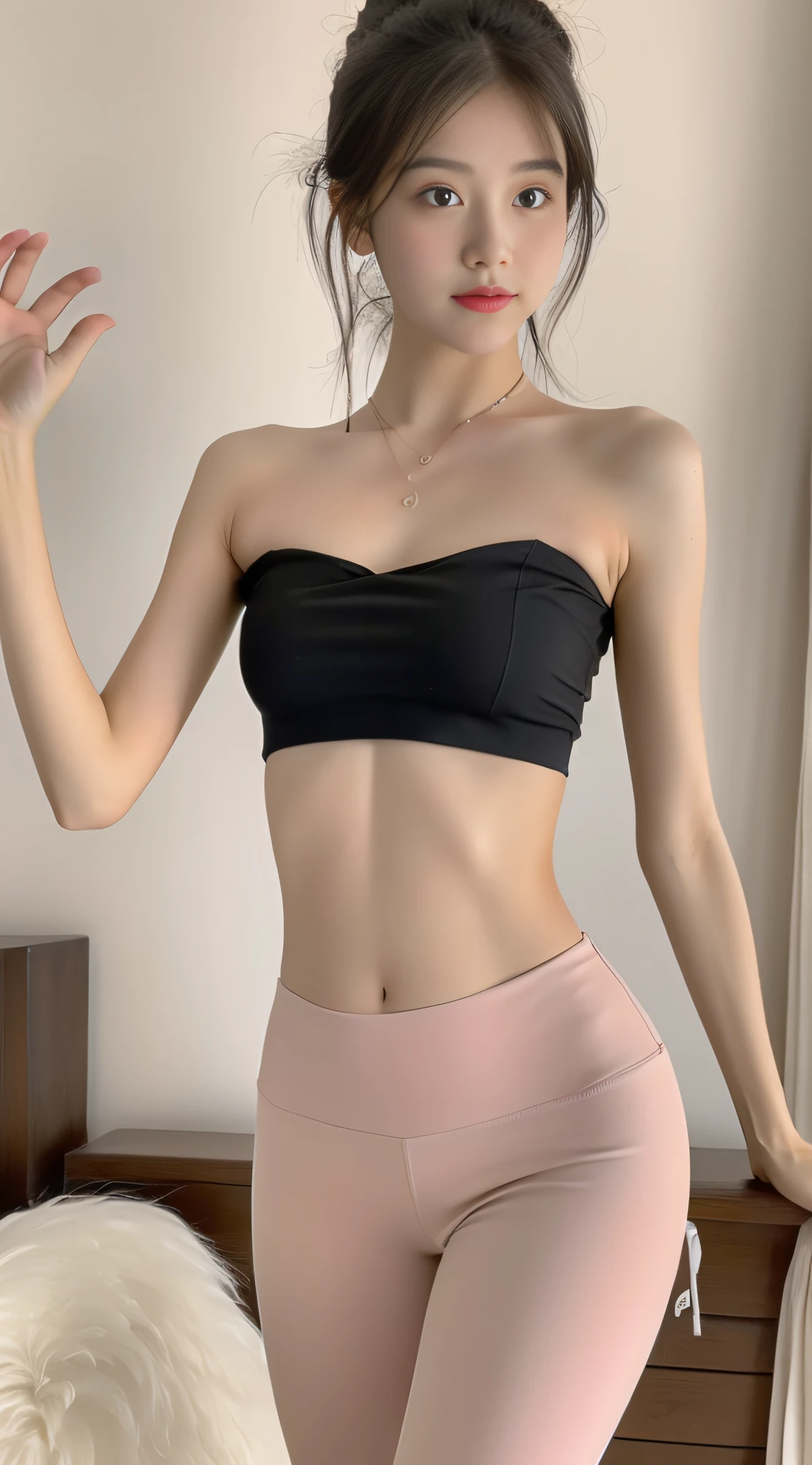 ((Highest image quality,Best resolution,Masterpiece grade:1.3)), An 18 year old perfect girl, Cheerleaders,Clear facial details,Slightly open lips,Seductive expressions,Sleeveless off-the-shoulder top,Showing the belly,Leggings stretch pants,inside in room,fully body photo