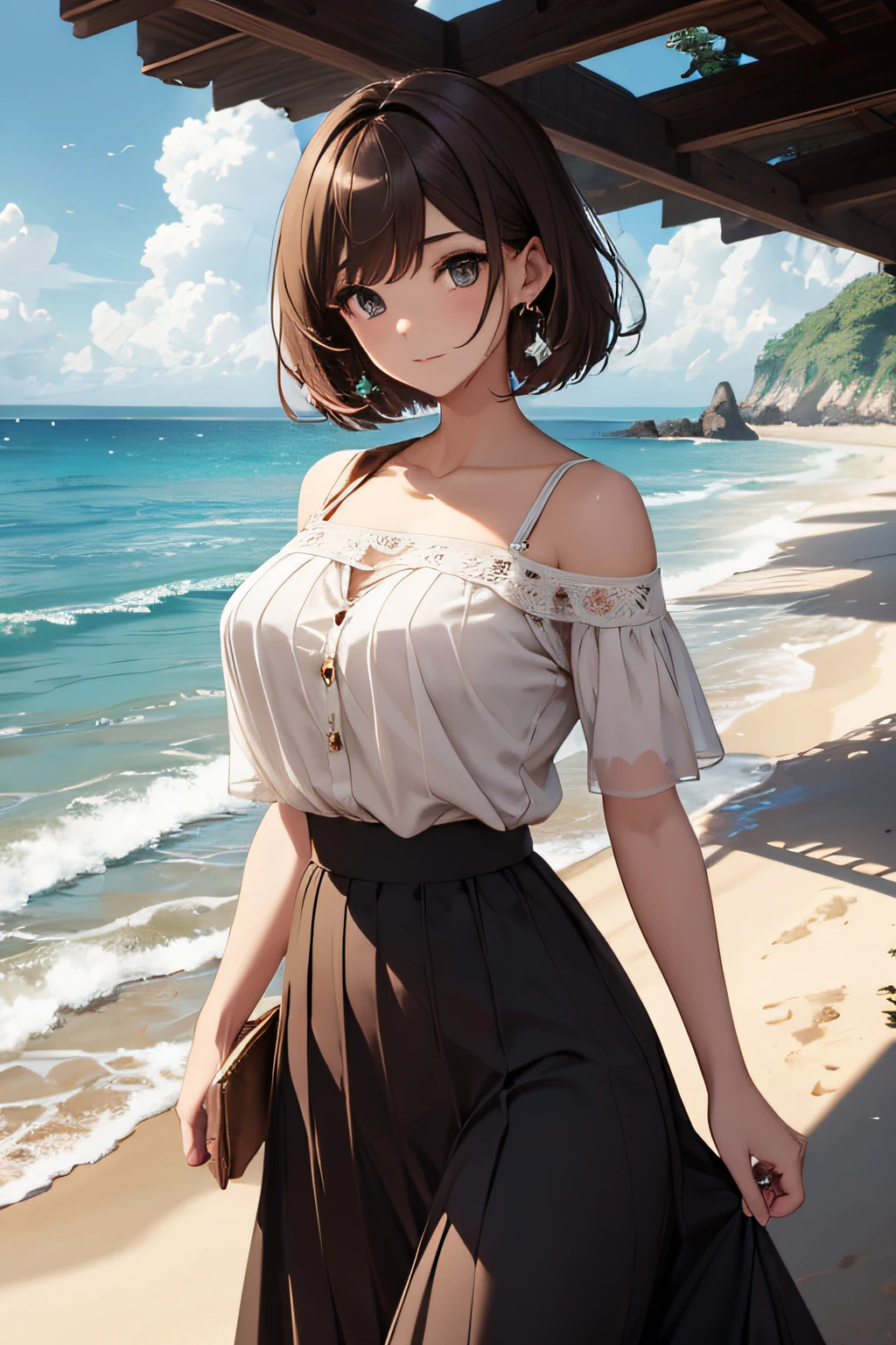masterpiece、Massive landscape((Mysterious Sea、sand beach))、a beauty girl、huge tit、Brown hair short hair、blouse、long skirt、hair adornments