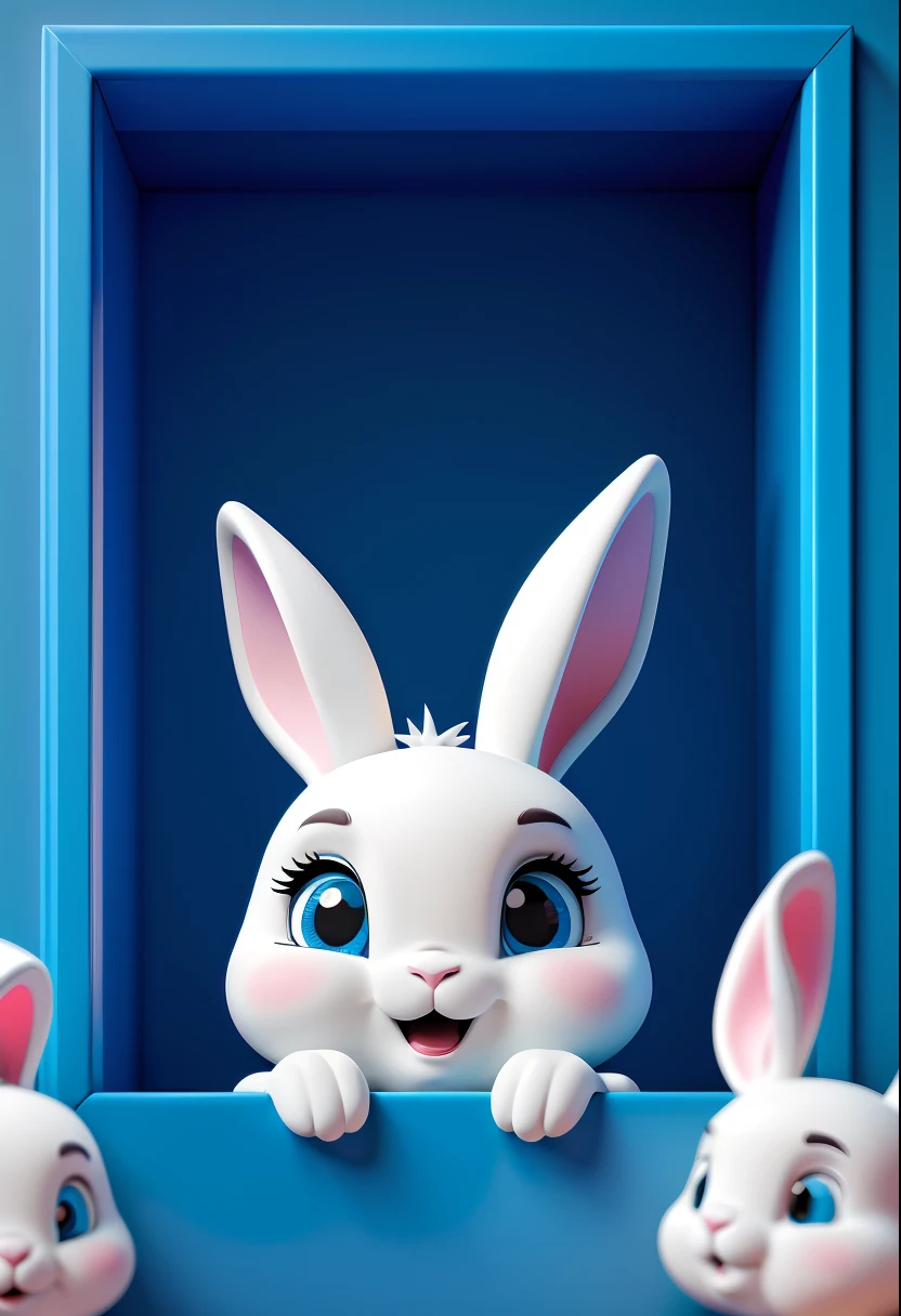 the white bunny is peeking out of a blue border, in the style of rendered in cinema4d, russell dongjun lu, 32k uhd, playful character designs, cute and colorful, high resolution