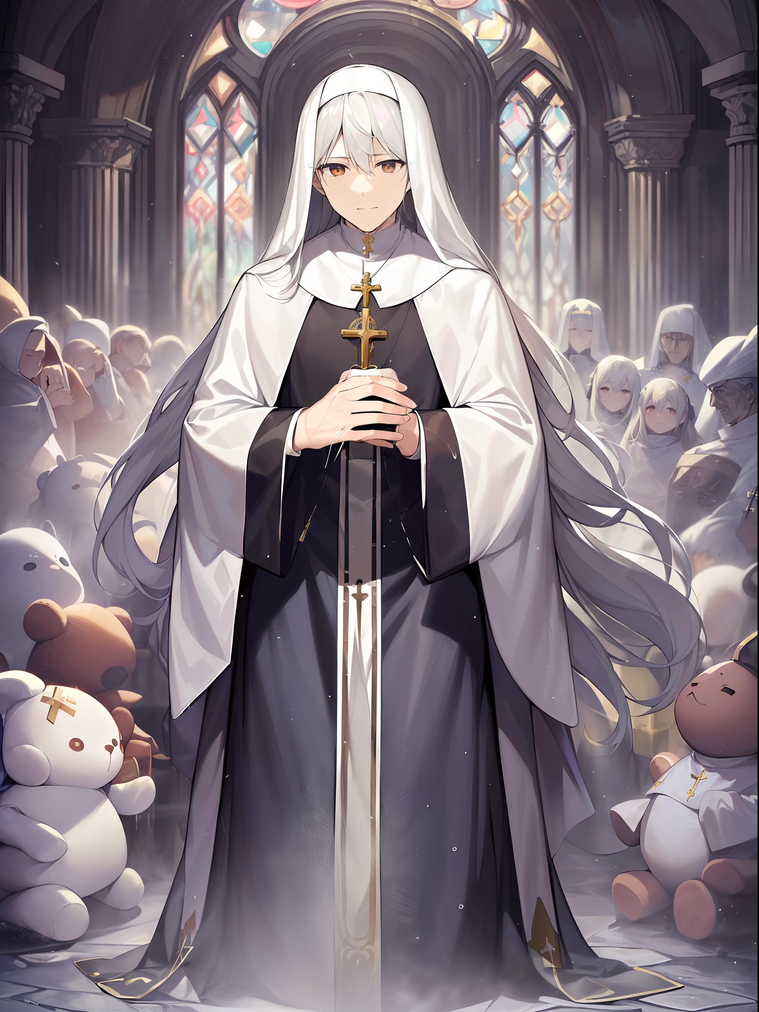 Outrageous resolution、masutepiece++,top-quality++,ultra-defined++, ultra-defined++,4K++,8K++,(Background Focus)++, Highly detailed, Viewer's Perspective、((Luxurious churches))++、((1Grandfather of the Pope of Man))++, ((Full-body plush priest clothes)), ((((Full-body plush priest clothes))))++++,(Pope with Bible)、((aureole))++、(((Grandfather in muscular priest clothes)))+++,(((Bible)))++++,(Luxurious cane)、((Gentle smile))+ +,((Muscle Mukimuki) ++,((Muscular muscular))++,(White handbags) +,(Calm eyes)、((Long white beard))++(white hair)、(The long-haired)、(The long-haired)、(White eyes)、(Super shiny hair and skin), (Sunlight),((Beautiful)), +, A lively smile, Perfect eyes, Perfect hands, Perfect nose, Magic Battle Dark, Bright atmosphere, (wet effect) +, (light effect), (Cinematic Light) + , (Like a movie of light) +