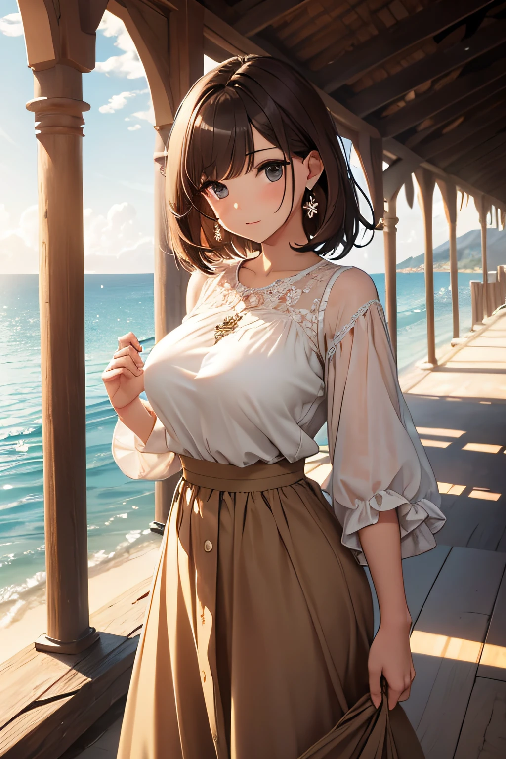 masterpiece、Massive landscape((Mysterious Sea、sand beach))、a beauty girl、huge tit、Brown hair short hair、blouse、long skirt、hair adornments
