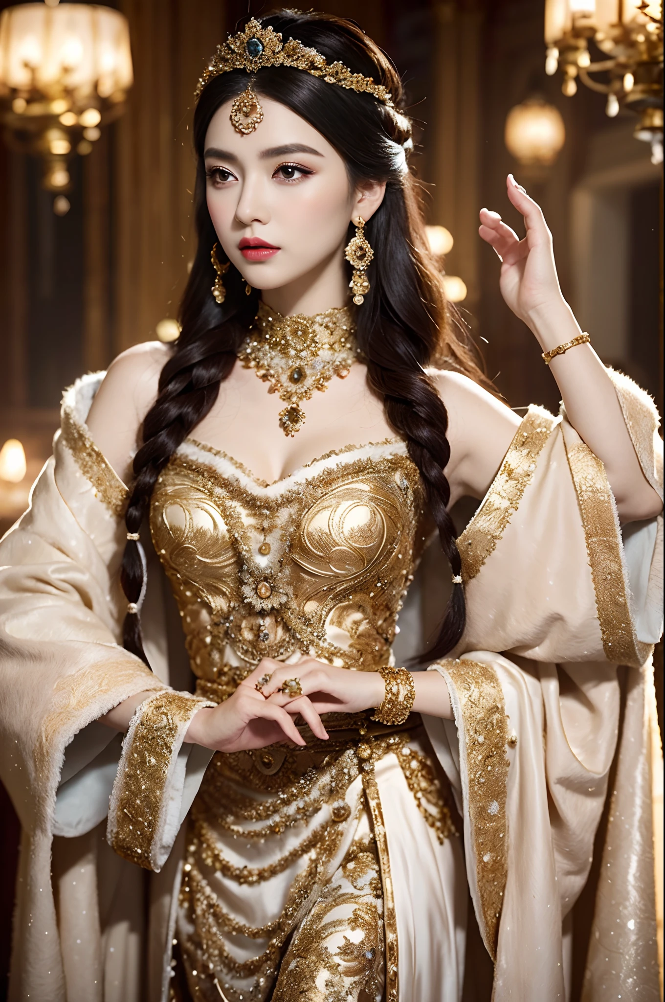 （（best qualtiy，8K，tmasterpiece：1.3，full body detailing，Photographic grade））， Costumes worn by ancient princesses in winter，Usually full of ornate and elegant details，Keep their image warm and noble。This is how ancient princesses looked in winter clothes、Description of makeup and costume details：

Clothing appearance：
The winter clothes of ancient princesses are designed to be exquisite and gorgeous，Usually made of silk、vellus hair、Made of expensive materials，Like damask   。They often wear robes or long skirts，Cover the whole body to keep warm。These garments often present ornate embroidery、Gold and silver thread decoration and delicate embroidery，to show their nobility。Princesses also liked to wear fur shawls or Romanesque cloaks，These reinforce their majesty and mature image。

Makeup：
The makeup of ancient princesses focuses on sophistication and luster，Usually based on fair skin。They often wear light makeup，Highlight the contours of the eyes and lips，And use cosmetics containing pearlescent or gold elements to enhance the radiance of the face。Red lipstick and pink blush are often used to add a touch of glamour and vibrancy to their makeup。

Clothing details：
The details of the princess costume show luxury and sophistication。They often wear valuable jewelry，For example, choker necklace、Earrings and bracelets，These jewels are usually made of gemstones、Made of pearls or precious metals。Ornaments often reflect their status and family legacy。

Clothing details are also important。Princess costumes often have ornate embroidery、Lace、Metallic accents or beaded accents。They often wear wide sleeves、Streamlined or loose coat，Tunic treatment is performed on the waist，Accentuate elegant curves。The skirt may have multiple layers of fluffy yarn or pleats，Increase volume and romance。

generally，Ancient princess winter dress look、The makeup and costume details are full of gorgeous and romantic elements，Show their nobility and nobility status。