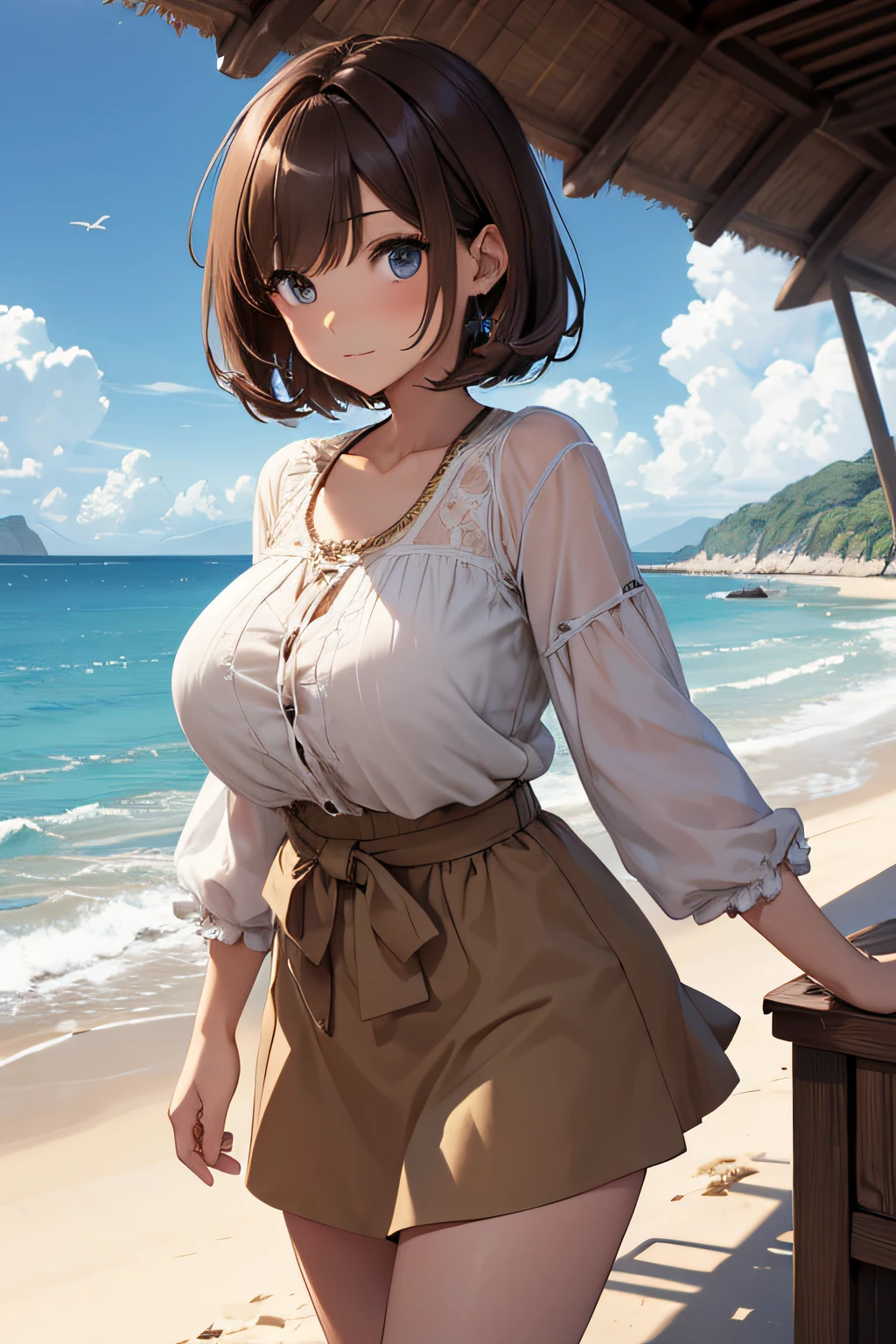 masterpiece、Massive landscape((Mysterious Sea、sand beach))、a beauty girl、huge tit、Brown hair short hair、blouse、a miniskirt、hair adornments