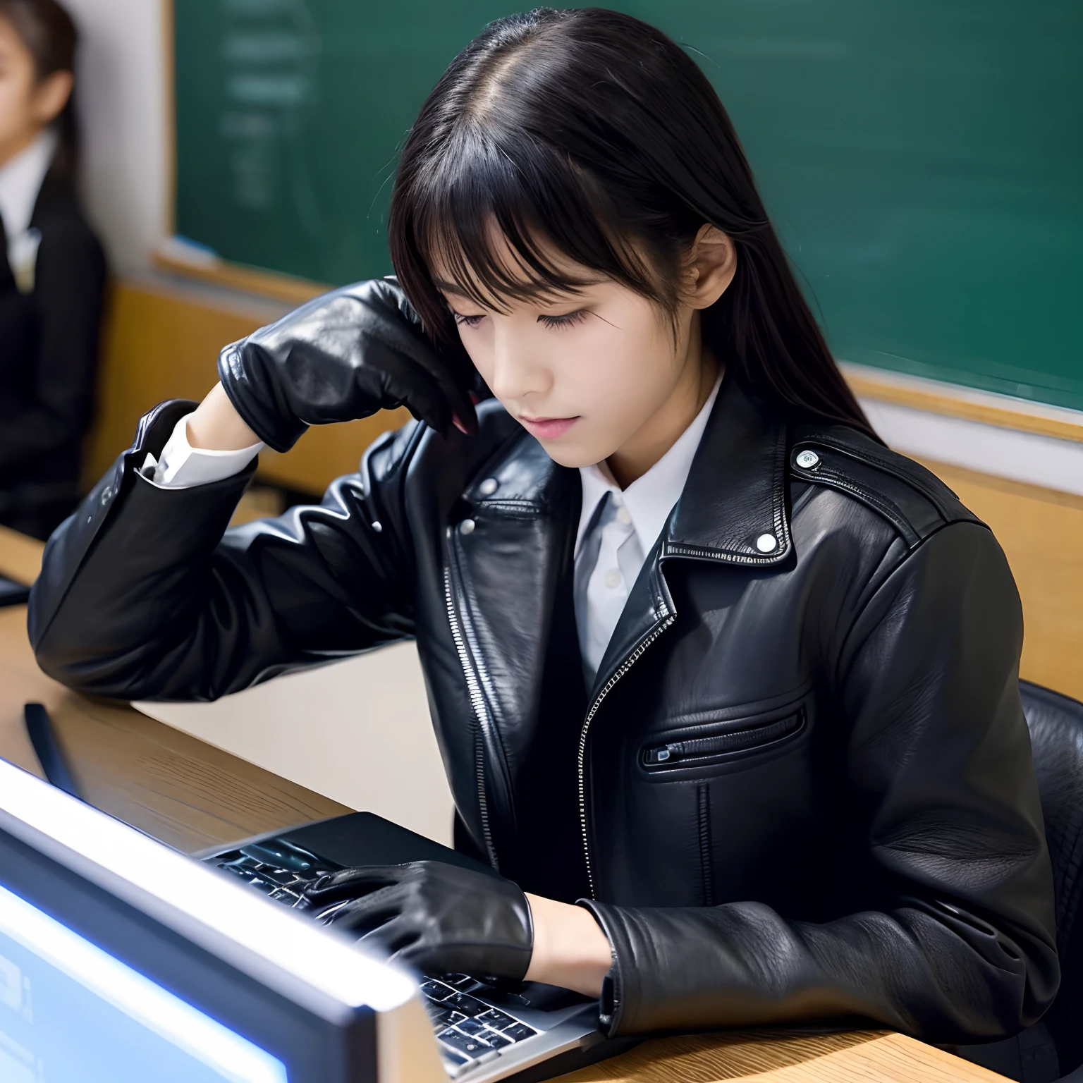 He wears black leather gloves on both hands、Black Leather Double Rider's Jacket、Black Leather Skinny Pants、Black leather long boots、Japan High School Girl、Sitting in a black leather chair、Study at a black laptop on your desk、High School Classroom、Other students also use computers