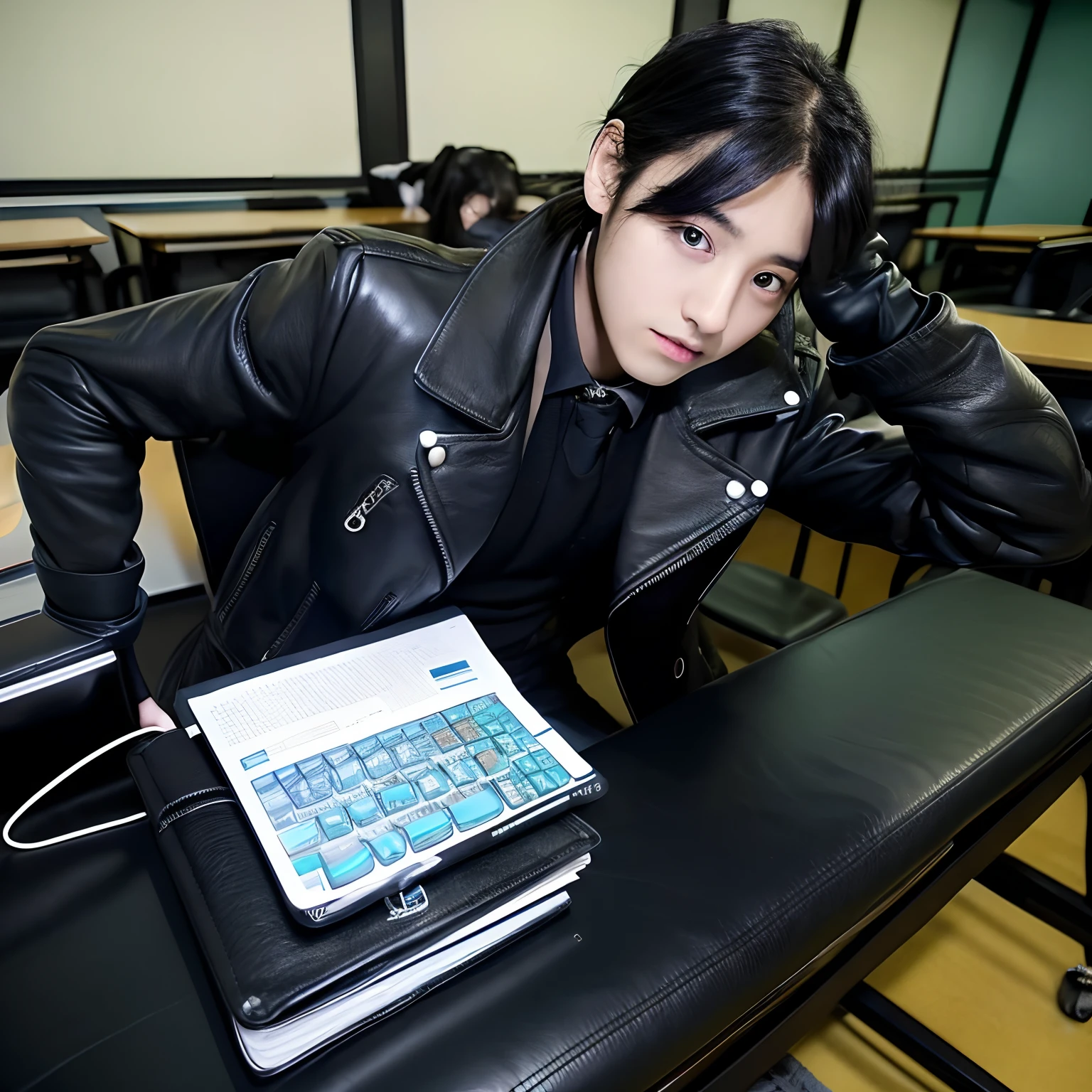 He wears black leather gloves on both hands、Black Leather Double Rider's Jacket、Black Leather Skinny Pants、Black leather long boots、Japan High School Girl、Sitting in a black leather chair、Study at a black laptop on your desk、High School Classroom、Other students also use computers