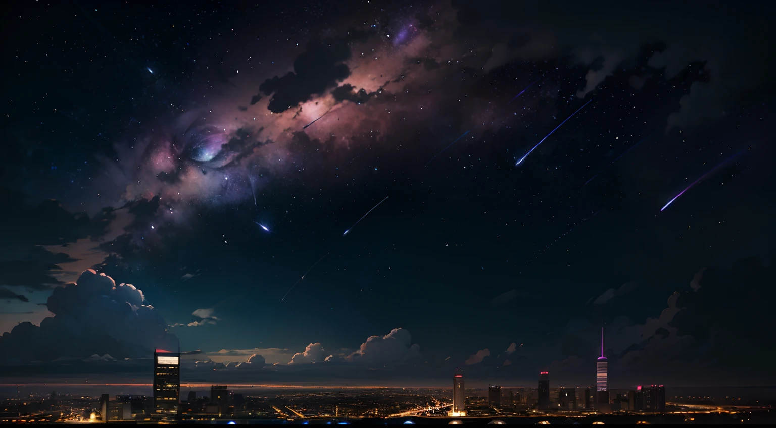 master piece, Best Quality , Detailed , ((Background only))、Pink and purple sky and galaxy anime scene, an anime drawing by Makoto Shinkai, trending on pixiv, magical realism, beautiful anime scene, cosmic sky. by makoto shinkai, ( ( By Shinkai Makoto ) ), by makoto shinkai, Anime Background Art, style of makoto shinkai, Moon in the sky, nightcity, shooting stars, Best Quality, masutepiece, cloud, Colorful, starrysky, Stars, Night, Milky way、shooting stars, Anime Sky, PastelColors, A city with skyscrapers nearby
