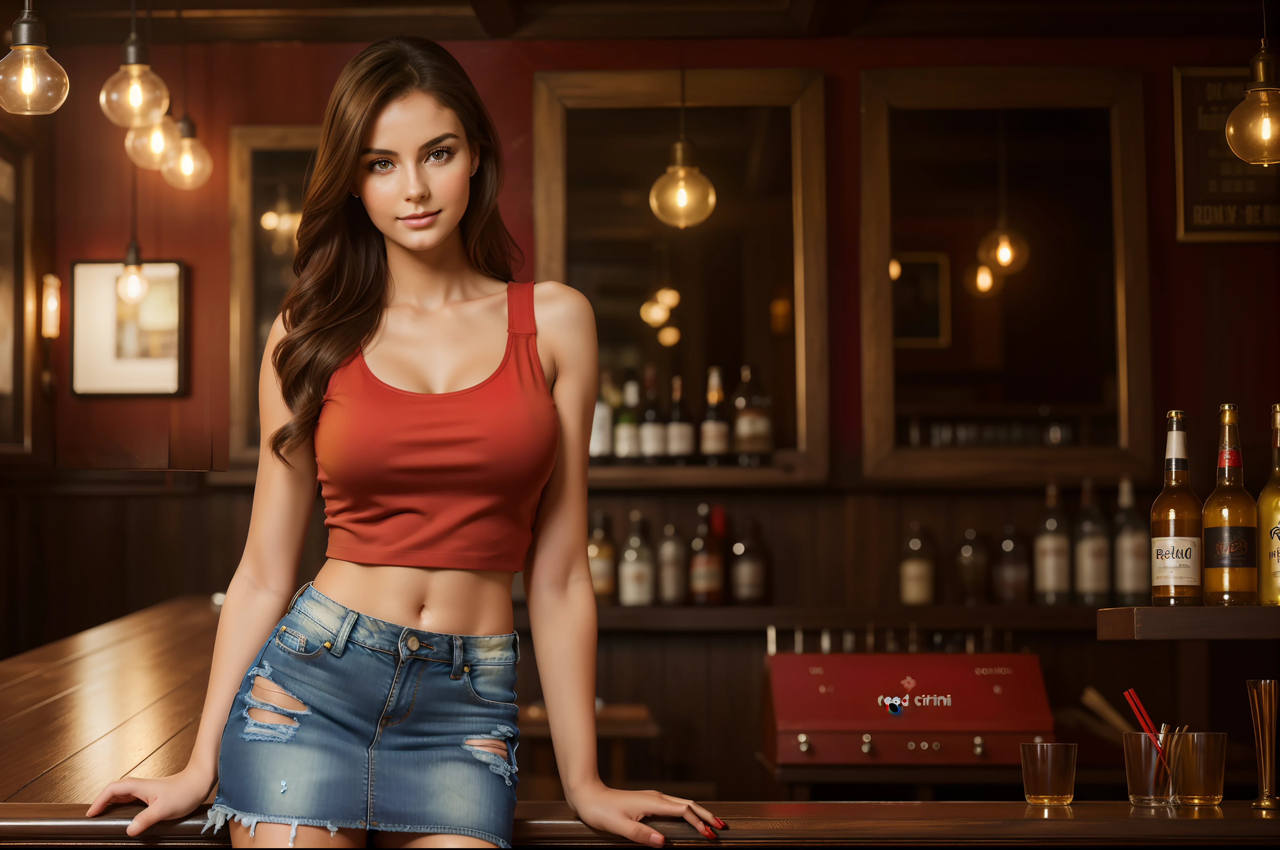 (best quality,4k,8k,highres,masterpiece:1.2),ultra-detailed,(realistic,photorealistic,photo-realistic:1.37),HDR,UHD,studio lighting,ultra-fine painting,sharp focus,physically-based rendering,extreme detail description,professional,vivid colors,bokeh,portraits,

A beautiful girl is having a photo session in a pub. She is the main focus of the image, with detailed features such as beautiful eyes and lips. [Her face is combination of (((irene1:1.2))) and (((Excella_er5:1.2)))]. The girl is sitting in a cozy corner of the pub, surrounded by vintage wooden furniture and dimly lit by warm studio lighting. Her long, black, soft and smooth hair, flowing hair partially covers her face, adding a sense of mystery to the image. She is wearing a stylish outfit (a ((red:1.4)) tank-top:1.3)),((ultra-short miniskirt:1.4)),((ripped jeans miniskirt:1.4))) that reflects her personality, with vibrant colors that pop against the background.

The pub itself has a rustic and intimate atmosphere, with old paintings and vintage decor adorning the walls. The wooden bar counter is well-polished, reflecting the warm glow of the lights. There are drinks served on the counter, creating a relaxed and elegant ambience.

The photo session is being captured by a professional photographer, who is using state-of-the-art equipment to capture every detail of the girl's expression and pose. The image quality is of the highest standard, with a resolution of 4k or 8k, showcasing the finest details of the girl's features and the pub's textures.

The overall style of the image is a combination of realistic and photorealistic elements, with a touch of artistic flair. The colors are vivid and vibrant, reflecting the girl's personality and creating a visually striking image. The lighting is carefully set up to enhance the girl's features and create a sense of depth.

(((1girl))),(((solo))),tall and slender body,(192cm tall),thin and delicate figure,graceful posture,large breasts,cleavage breasts.nsfw.