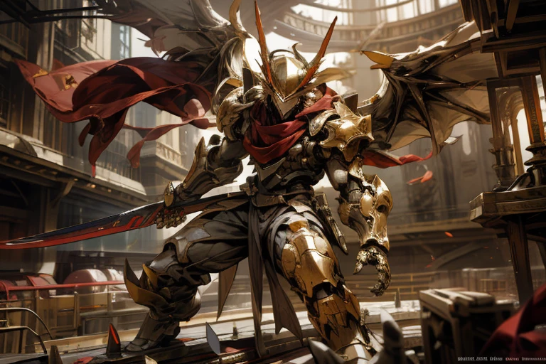 A beautiful game CG based on Doomsday Theme A,Hyper-detailing,This is a mech with a complex structure of light black and light white,Strong body,musculature,Dragon horns grow on top of the head,The mech held a red glowing wide and heavy armored sword in his hand,It emits a fiery red glow:1.2,The eyes glow a dazzling red:0.8,3D quadratic diagram,Tattered red scarves swayed in the wind,huge dragon wings,Anime Paintings,lightand shade contrast,Light effects,Mecha is meticulous and exquisite,The mech's face is delicate and clear,The light source is emitted on the eye,A mechanical battlefield in ruins,The background is a burning flame,Battle stance drawing,background fire flow,Flow effects,OWgenji