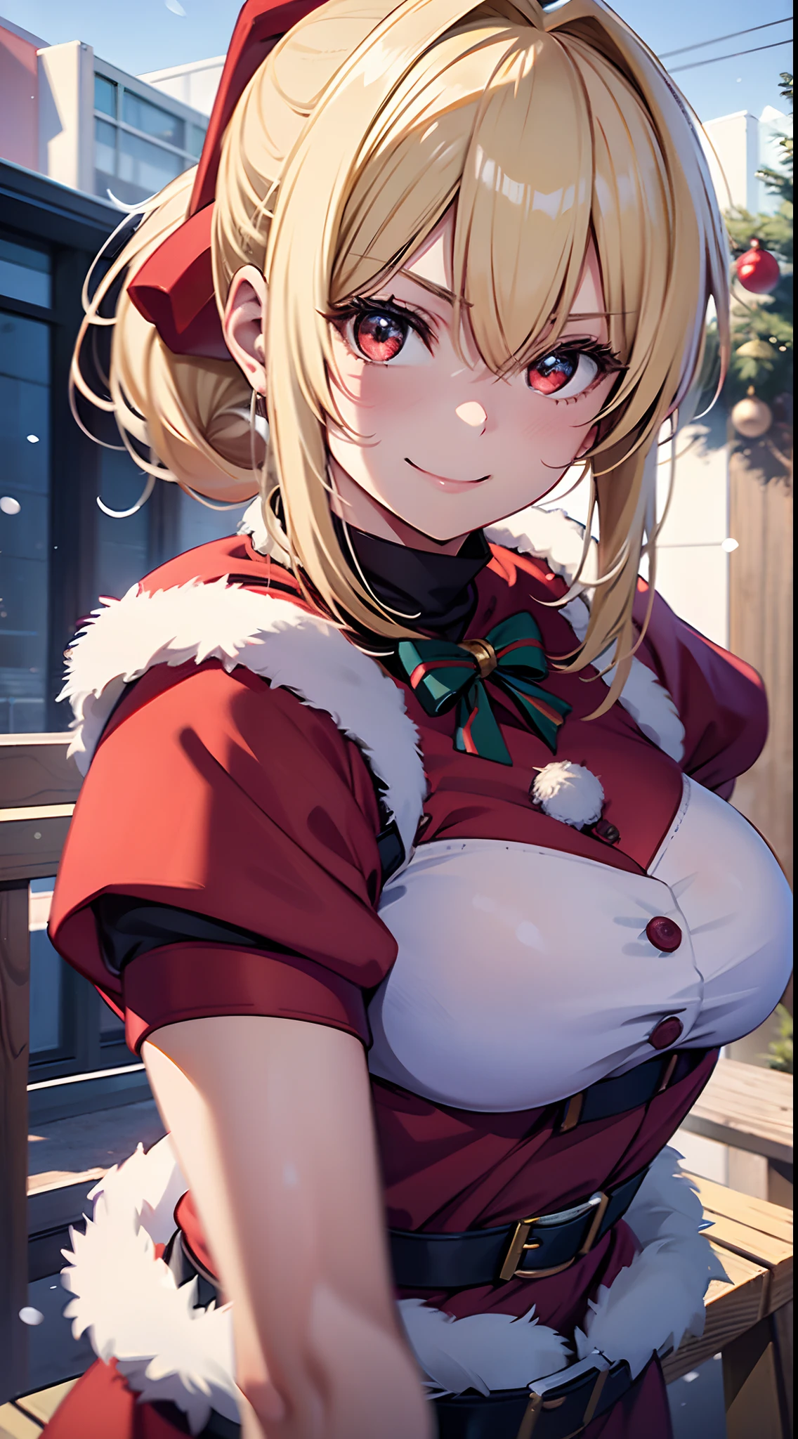 18 year old girl, Wearing a Santa costume、Blonde ponytail、Ahoge、big round red eyes、A slight smil、Laugh、small tits、Realistic painting in every detail, Christmas Outdoors、delicate detail、facial close-up