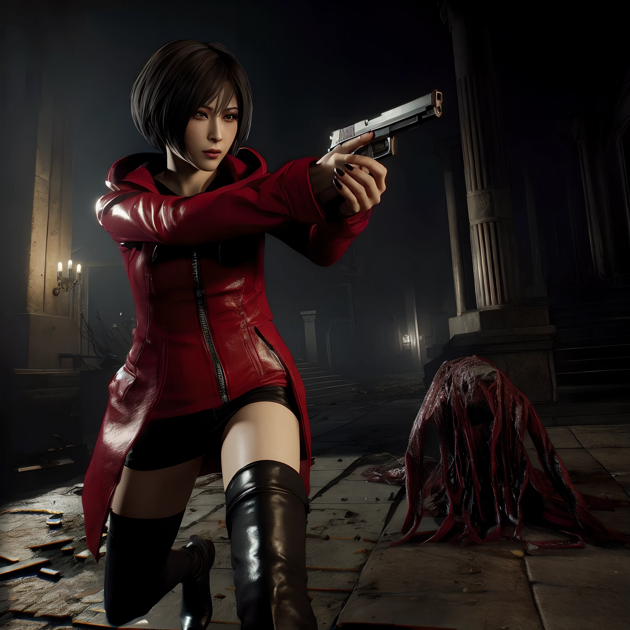 Ada wong, beautiful face, bob hair, perfect Face, wearing mini red rose dress hoody, black nail polish, glare expression, holding a gun