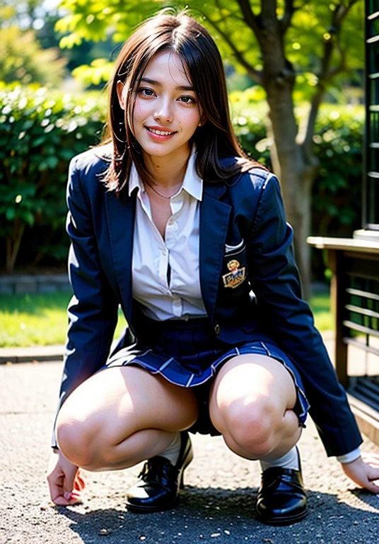 (8K High Resolution), (top-quality), (Raw quality),(masutepiece:1.2), (realisitic), (Photorealistic:1.37), ,Large eyes,long eyeslashes,(Live-action realistic style),The Ultimate Face,realistic light and shadow,Clear facial features,,Fair skin, ),Best portraits,Shooting at close range, 1 rapariga, Cute,Beautiful detailed eyes,highlydetailed skin,(Beautiful face with double eyelids), (Realism: 1.4),((Full body image)) ,Detailed and beautiful face,,Women around 20 years old,(Beautiful Face 1.4),Middle hair,((Japan schoolgirl in uniform)),(Make eye contact with your audience),red lipsticks,Limping around the eyes,(Laugh a little),In a park rich in nature,Sit upright on one knee.,The skirt is rolled up.、Panties look perfect..,Pastel colors panties,I love showing my panties to my viewers,Show your panties to your audience,(Japan schoolgirl uniform),Beautiful face reflected in the light,red lipsticks,Limping around the eyes,Very beautiful feet are attractive,A very bright world
