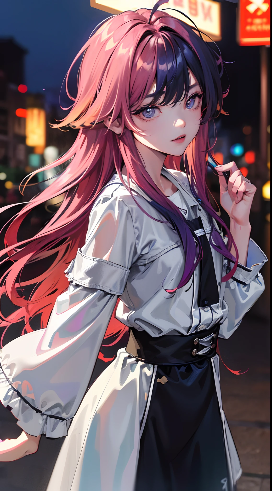 NY, (gradient hair, dutch angle:1.3), film grain, chromatic aberration, city, masterpiece, best quality, raw photo, photorealistic, absurdres, 1girl, cute, perspective, cowboy shot, highres, ultra detailed, detailed eyes and face, sharp pupils, realistic pupils, sharp focus, summer, night,