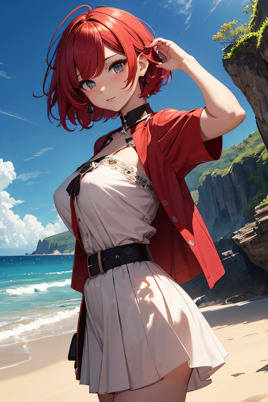 masterpiece、Massive landscape((Mysterious Sea、sand beach))、a beauty girl、huge tit、Red Hair Short Hair、Blouse with high detail、a miniskirt、hair adornments