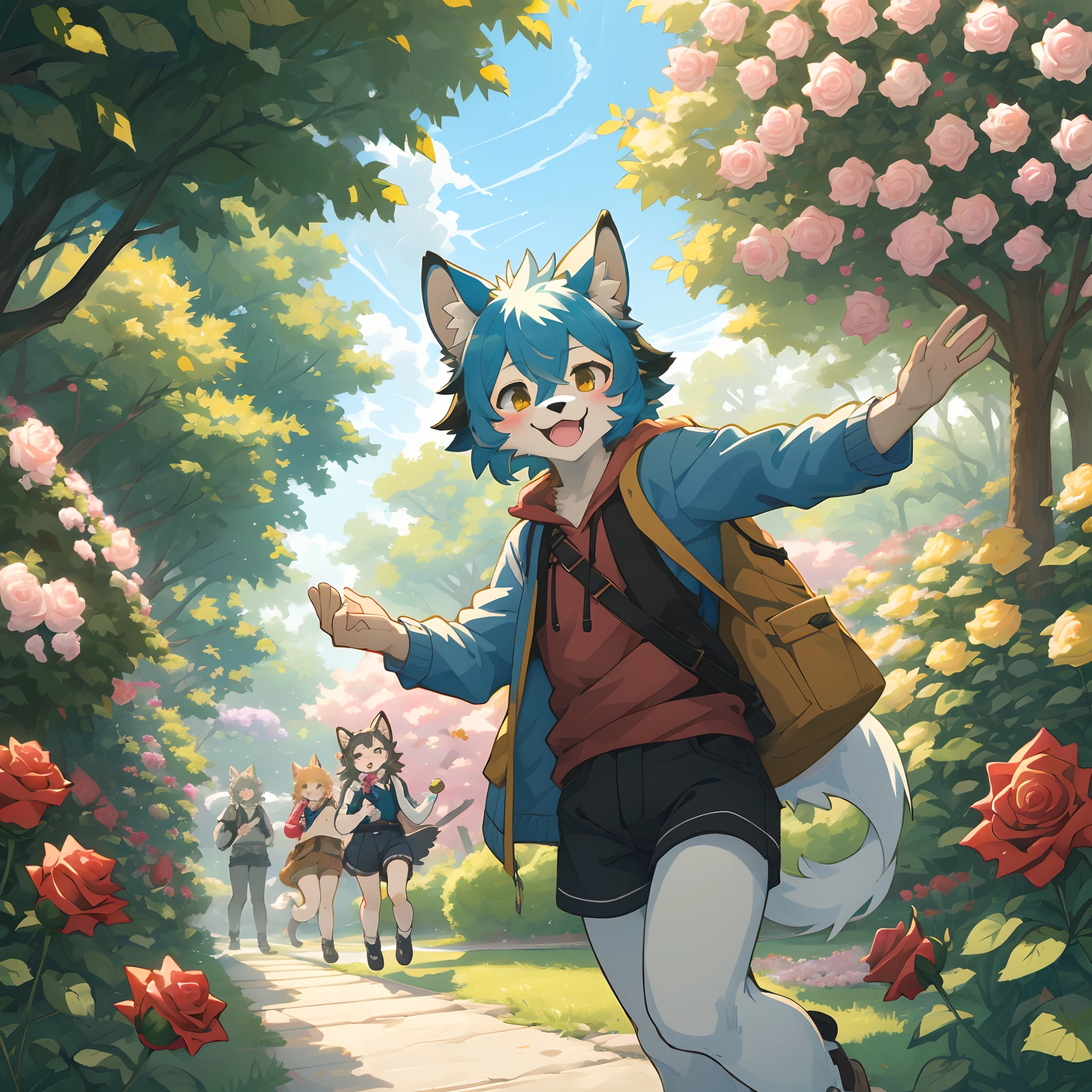 cover_page, highres, top quality, best quality, paid reward available, High-quality illustrations, unparalleled masterpiece, perfect artwork, absurdres, super high resolution, detailed background, o colorful Rose Garden, 6+boys, 6+girls, Happy, joyful(Photos of solo travelers)(kemono, furry anthro),