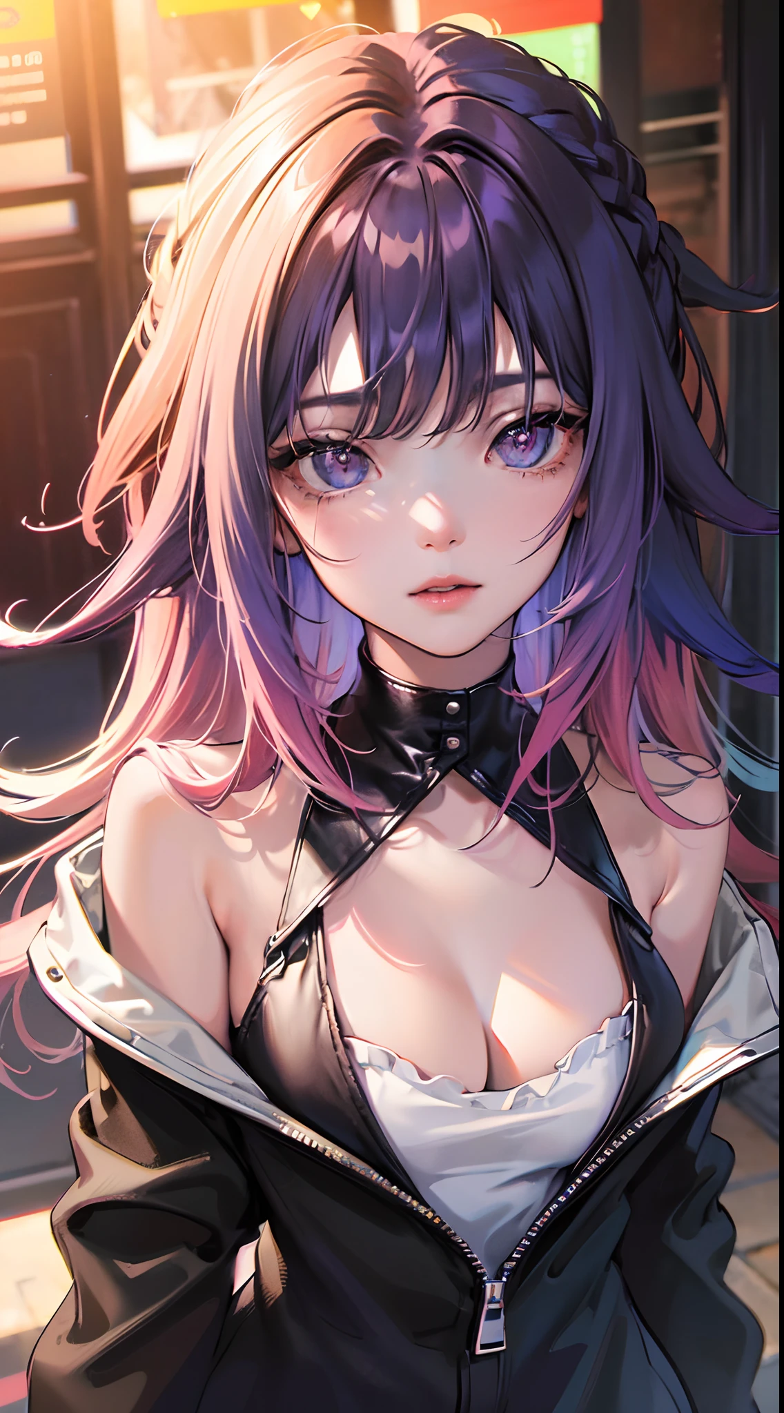 NY, (gradient hair, dutch angle:1.3), film grain, chromatic aberration, city, masterpiece, best quality, raw photo, photorealistic, absurdres, 1girl, cute, perspective, cowboy shot, highres, ultra detailed, detailed eyes and face, sharp pupils, realistic pupils, sharp focus, summer, night,